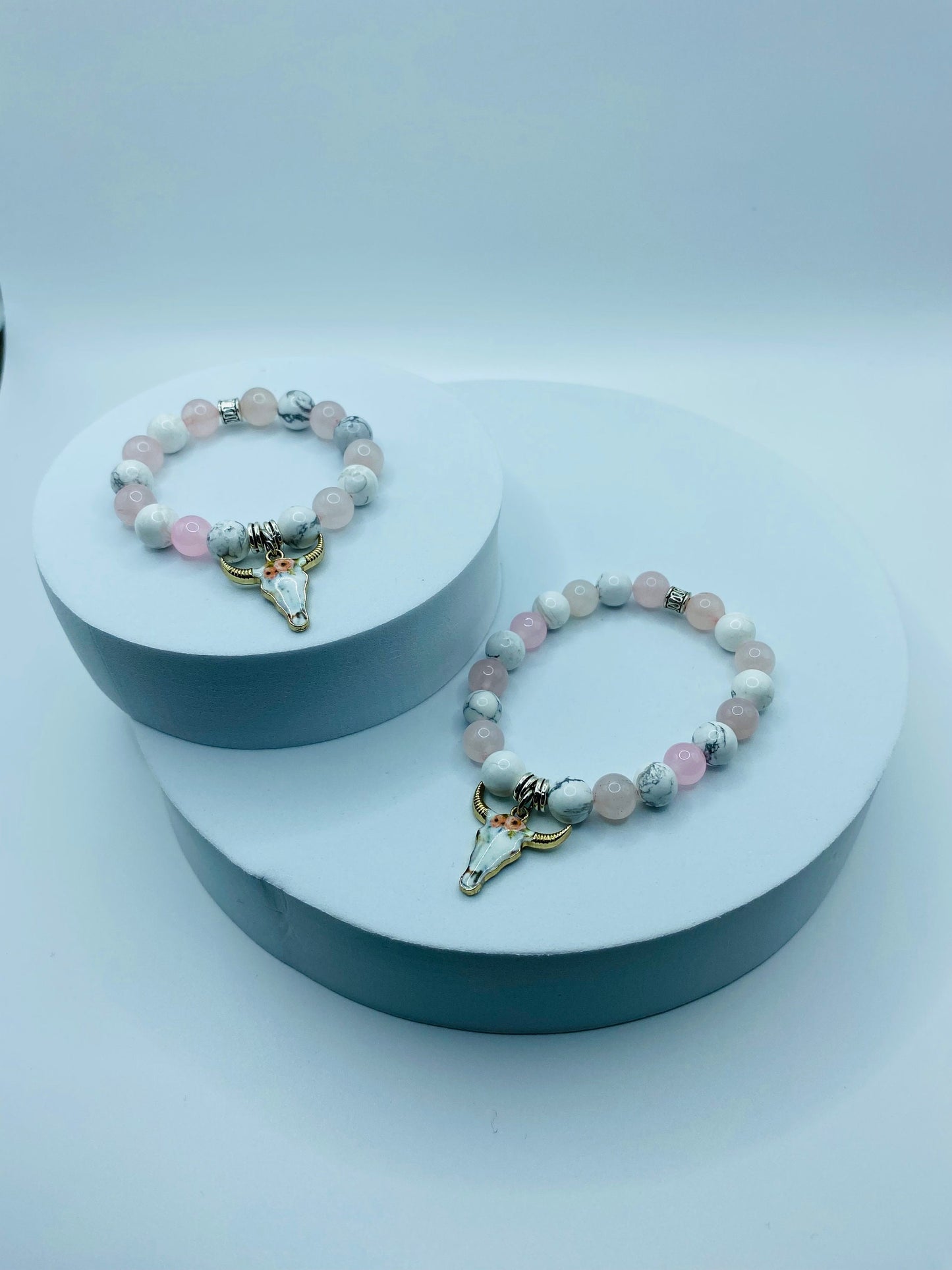 Mommy and Me Cow Charm Bracelet: Rose Quartz & Howlite Gemstone Beads