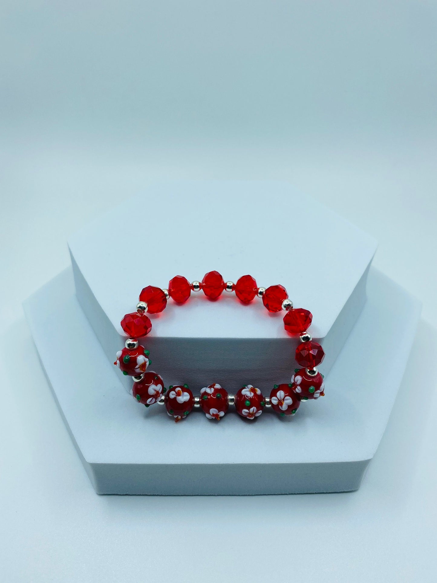 Red Floral Lampwork Glass Bead Bracelet: Red Crystal Handmade Jewelry