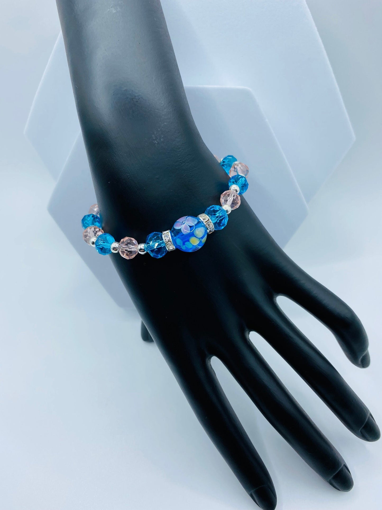 Floral Lampwork Glass Bead Bracelet: Pink & Blue Crystal