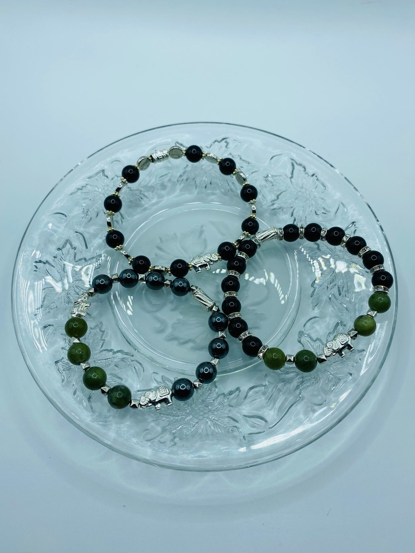 Elephant Jewelry White Gold Womens Bracelet with Jade & Hematite Gemstone Beads - Elephant Gifts