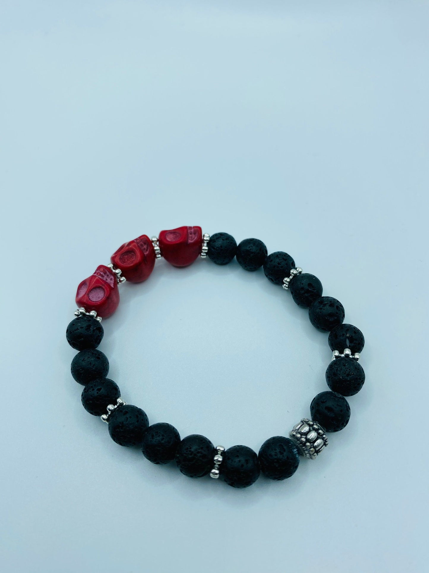 Day of the Dead Lava Rock Bracelet, Red Skull Beads - Dia de Los Muertos - Gothic Jewelry - Gift for Him