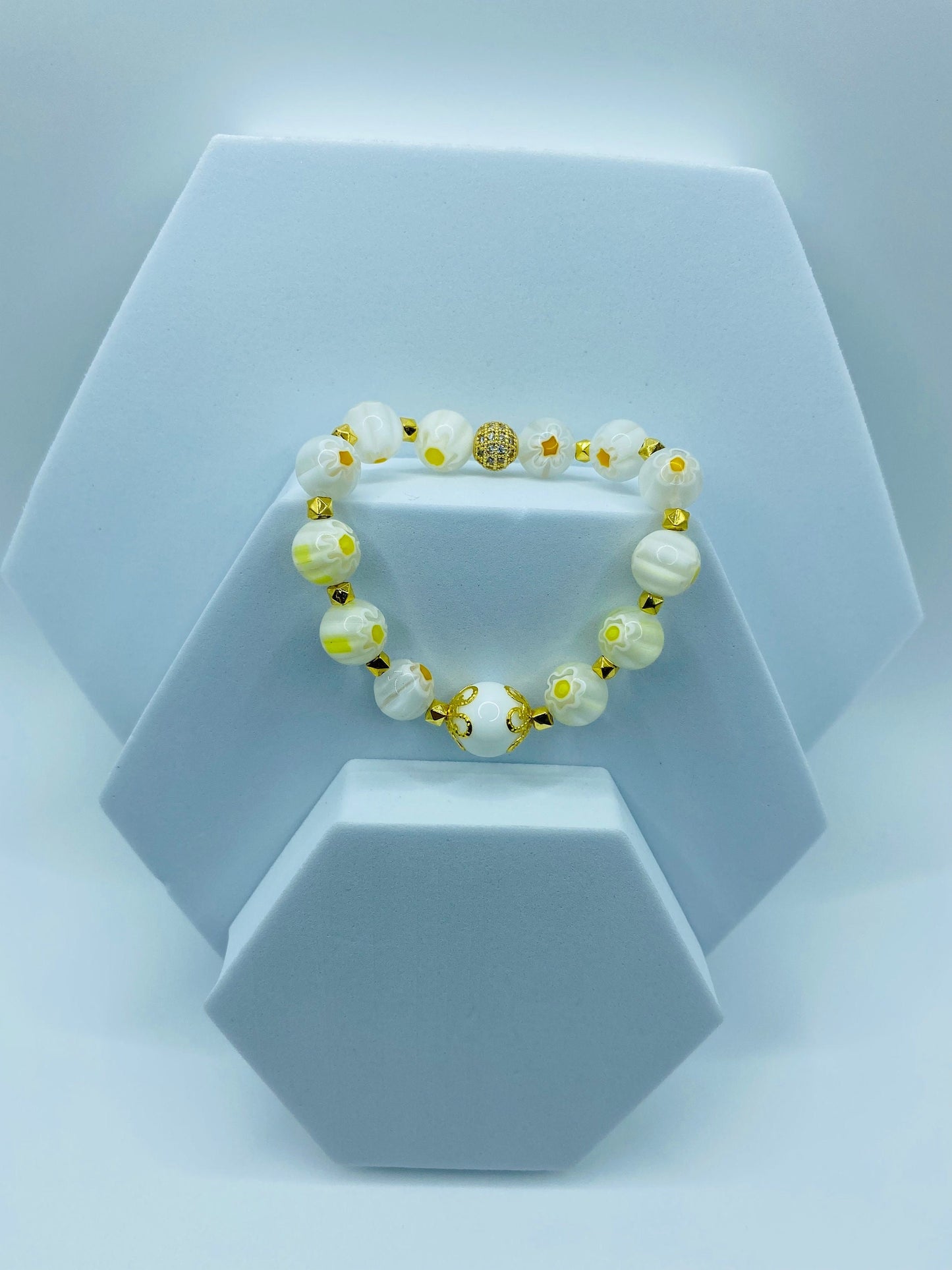 White Jade Bracelet: Millefiori Lampwork Glass Beads, 18k Gold-Plated Accents
