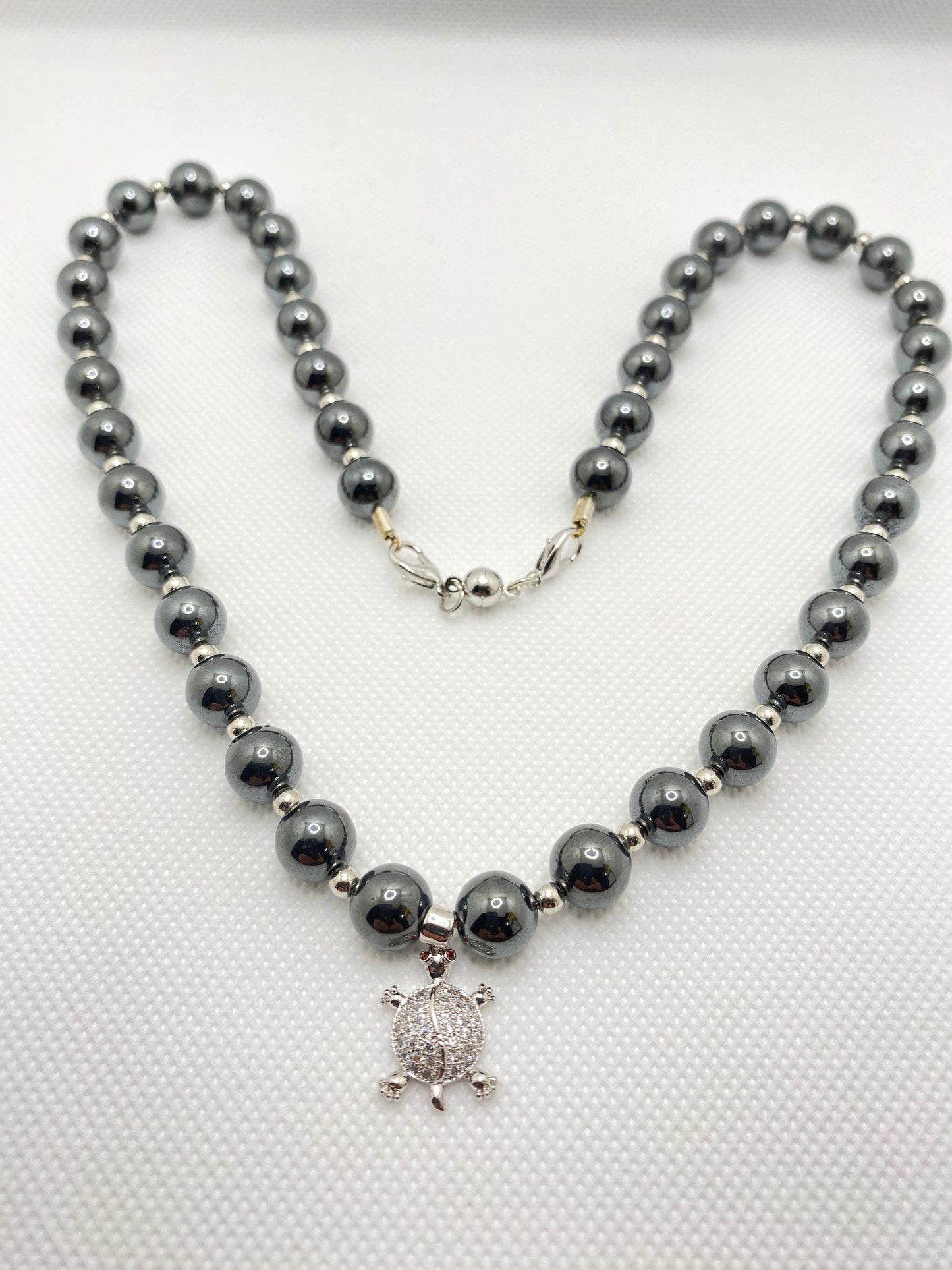 Hematite Gemstone Necklace: Silver Turtle Charm, Handmade Beaded Jewelry