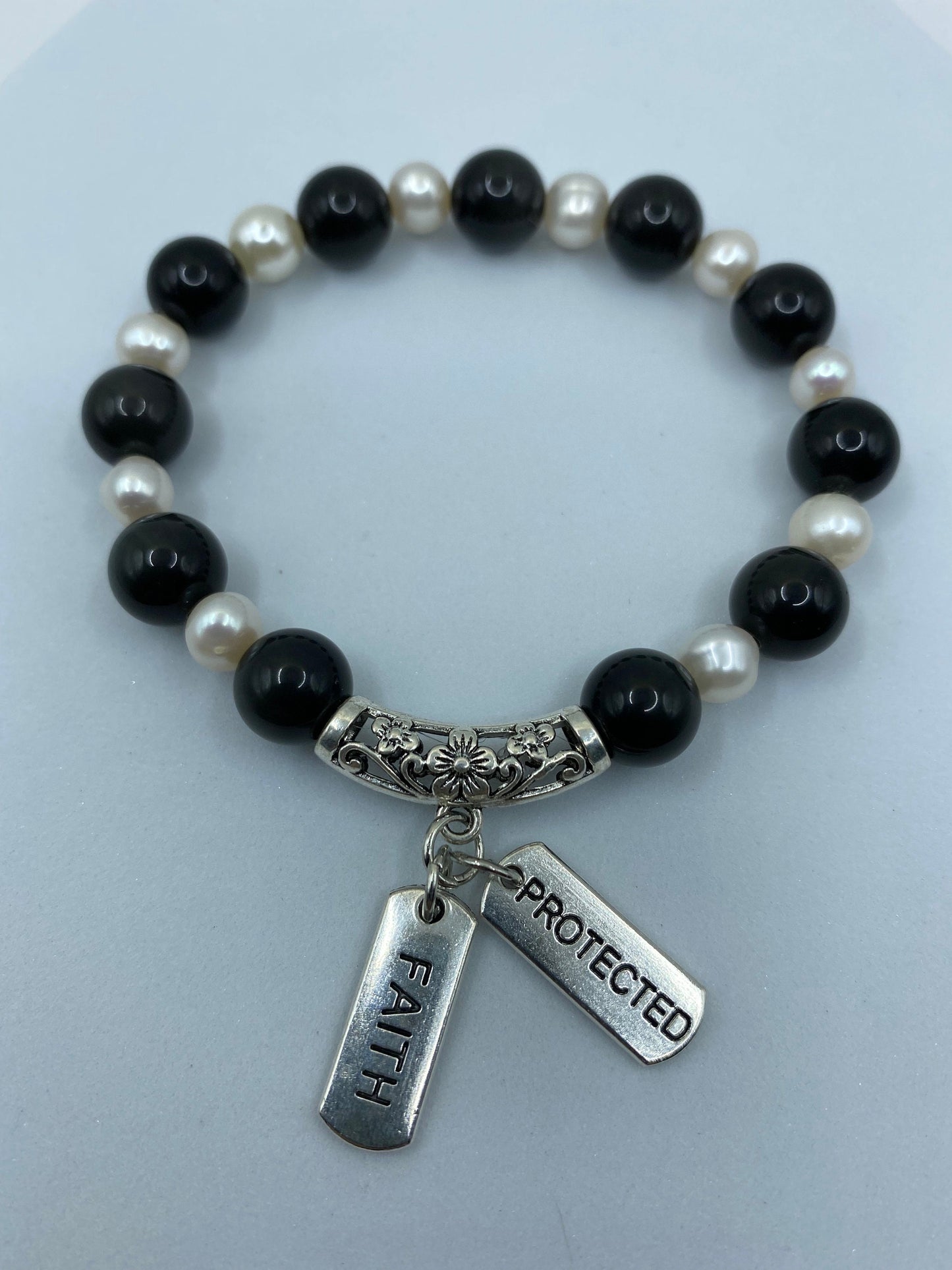Onyx & Pearl Charm Bracelet: Inspirational Word Charms, Handmade