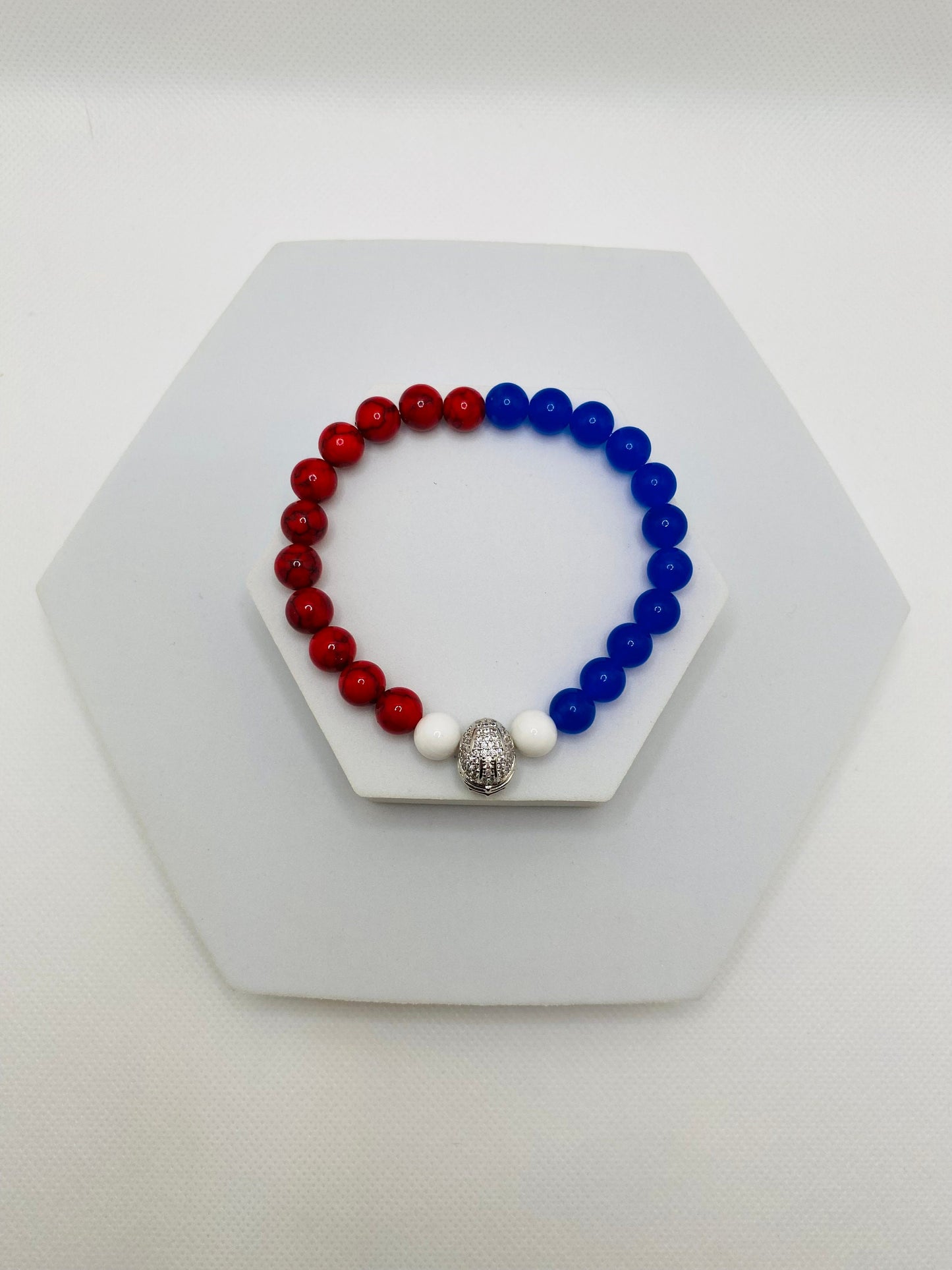 Buffalo Bills Beaded Bracelet: Red Turquoise, Blue Chalcedony, Football Helmet Charm