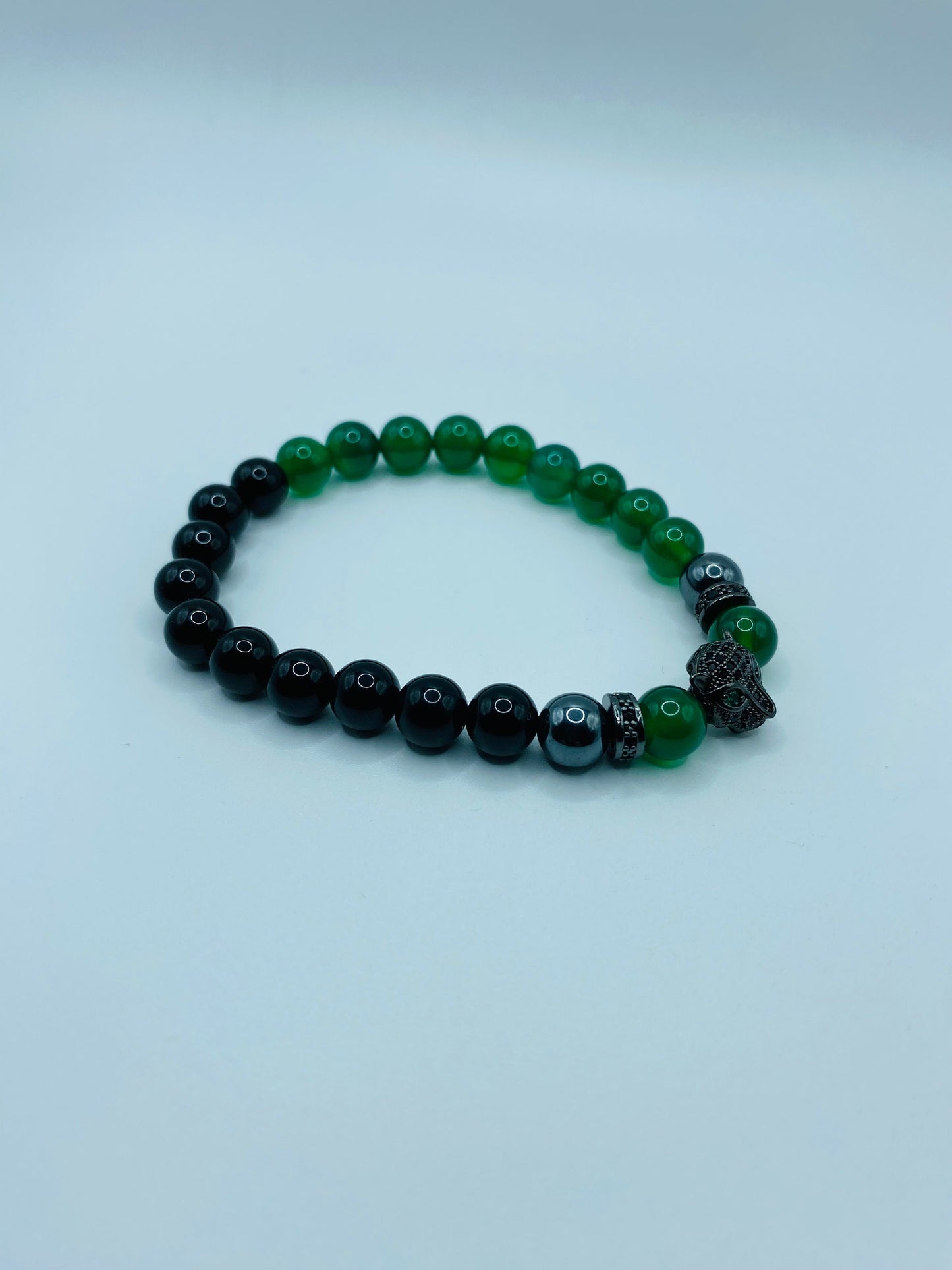 Handmade Black Panther Charm Bracelet: Onyx, Jade & Hematite Gemstone Beads