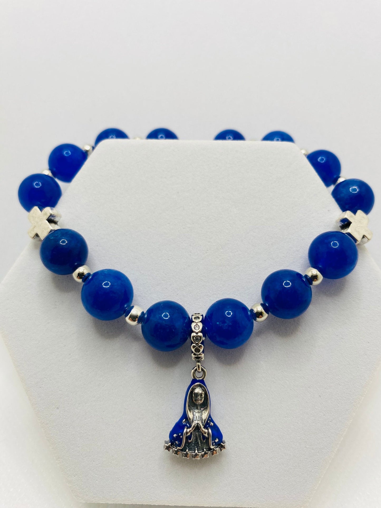 Blue Kyanite Gemstone Bracelet: Virgin Mary Charm, Cross Beads