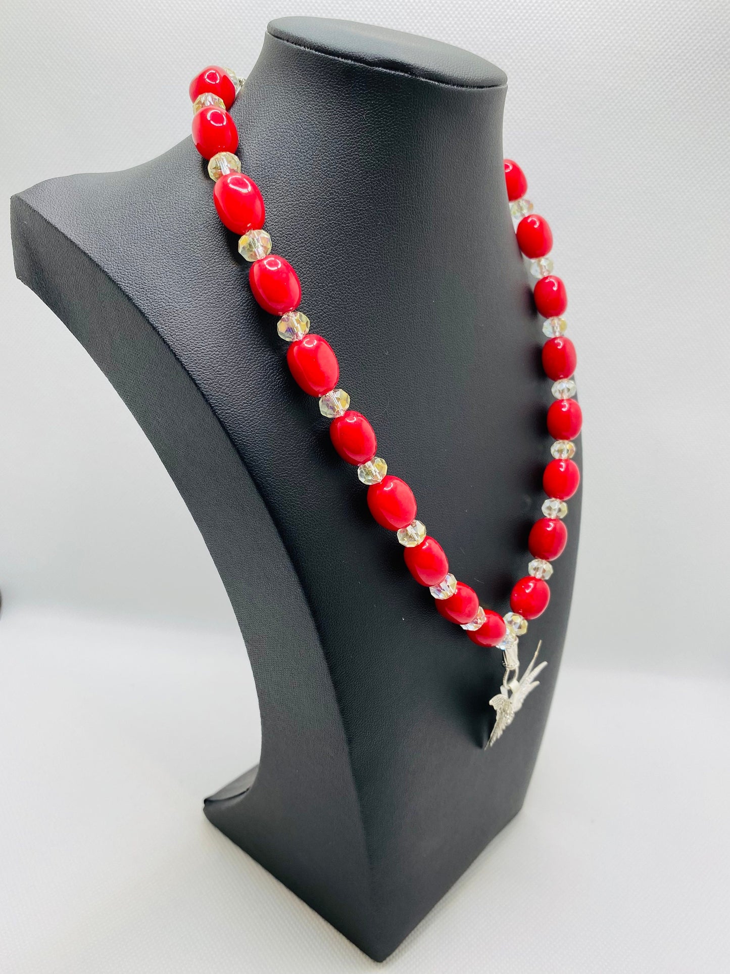 Red Jade Necklace: Silver Butterfly Pendant & Crystal Beads