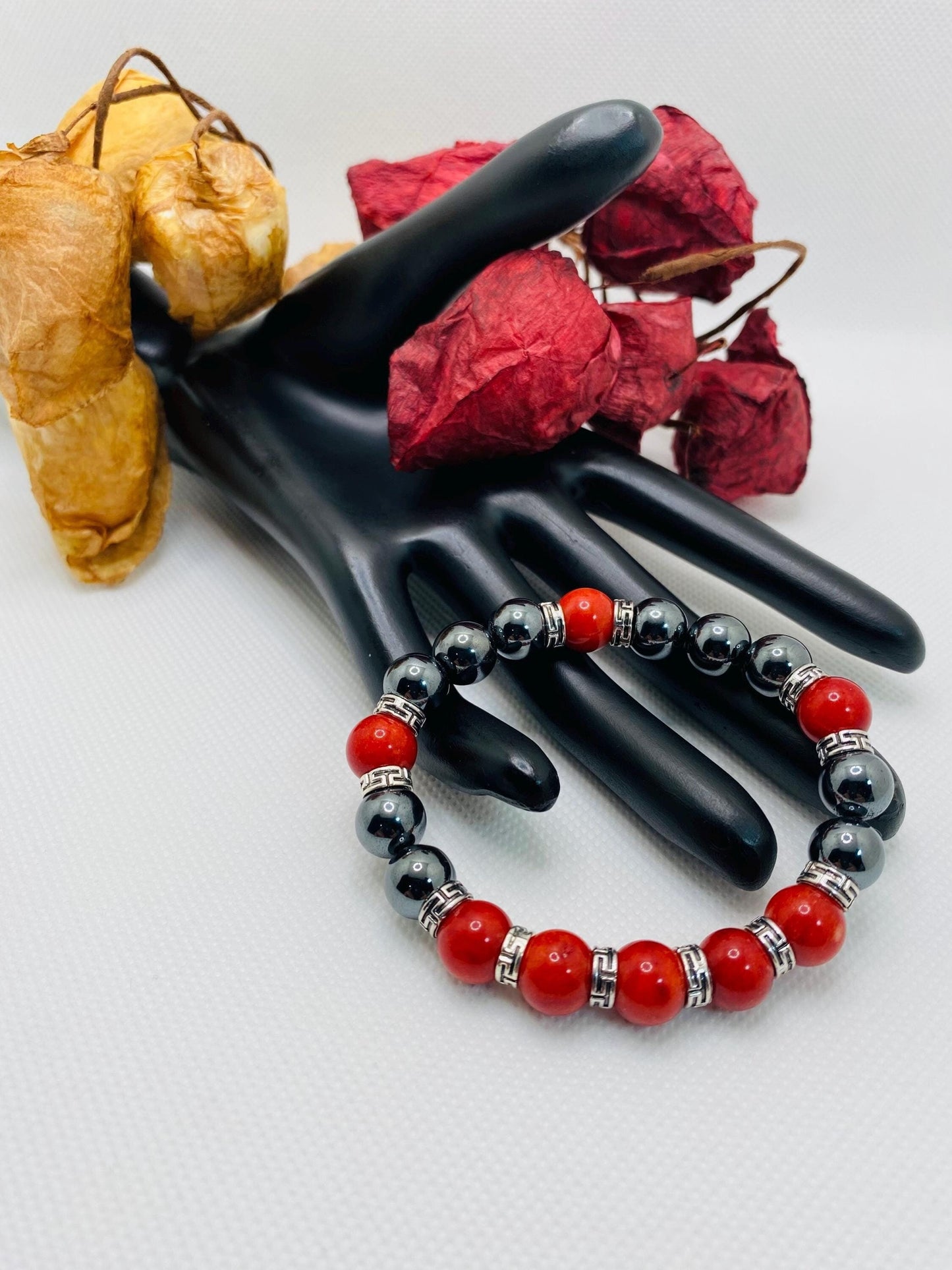 Men's Hematite Bracelet: Red Coral Beads, Tibetan Jewelry