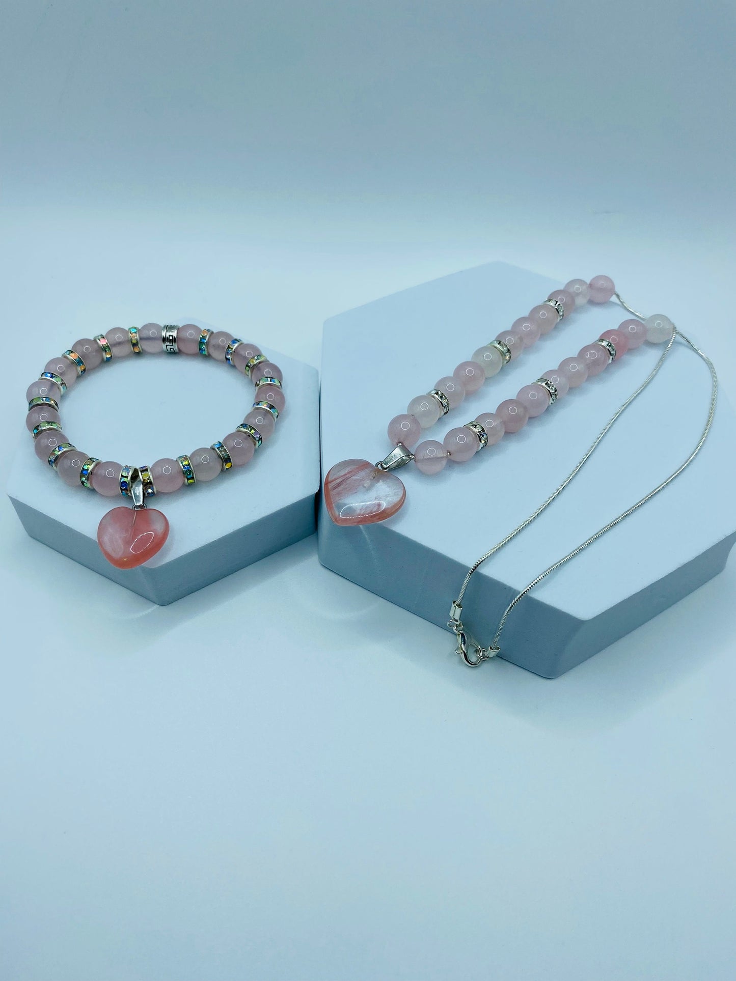 Rose Quartz Necklace Bracelet Set: Pink Aventurine Heart Charm, Rhinestone Rondelles