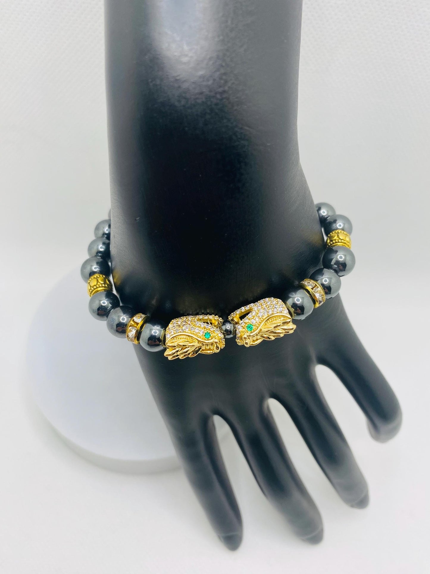 Hematite Dragon Bracelet: Gold Plated Charm, Rhinestone Spacers