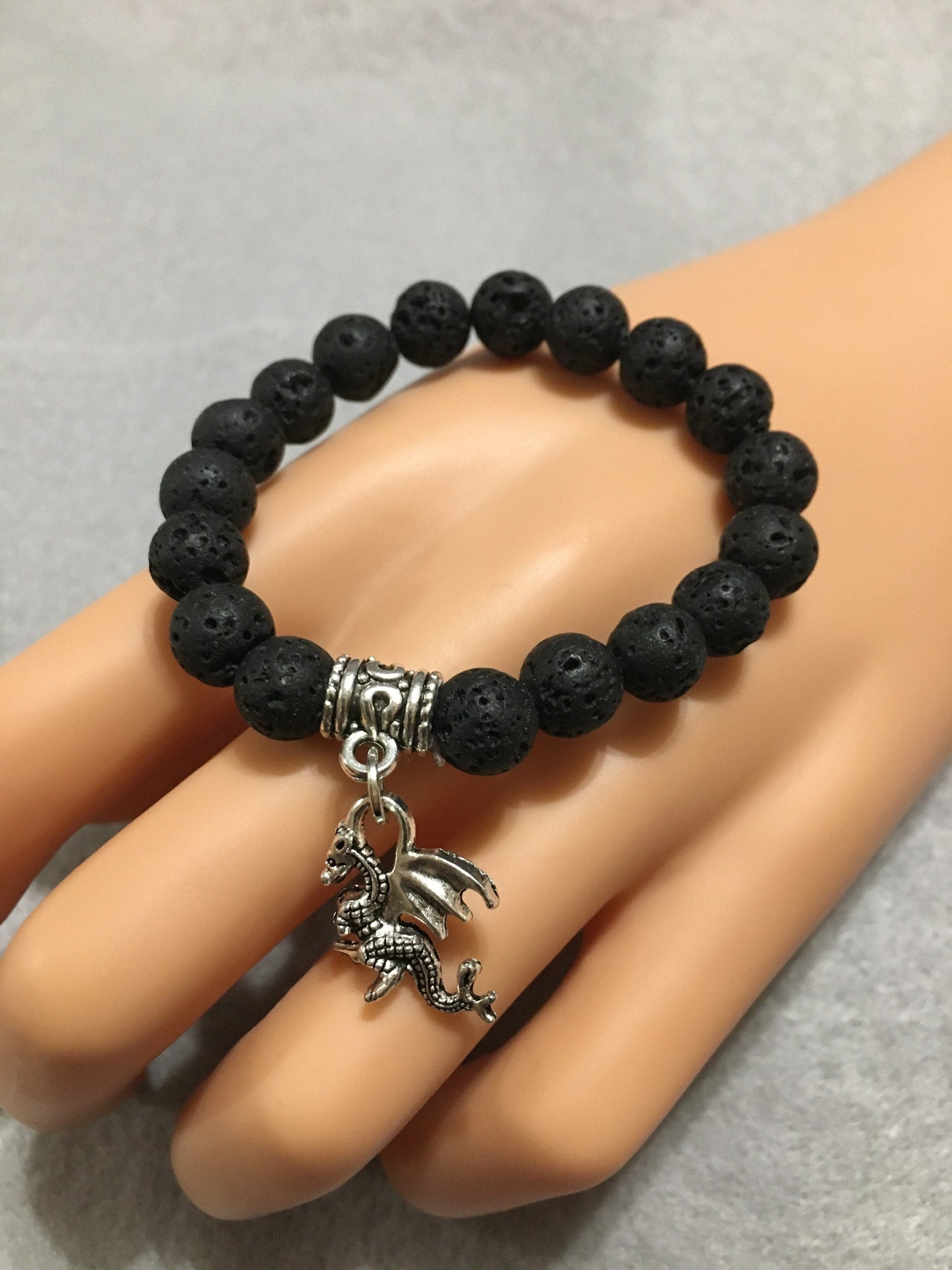 Lava Rock Dragon Bracelet: Antique Silver Charm, Gemstone Beads