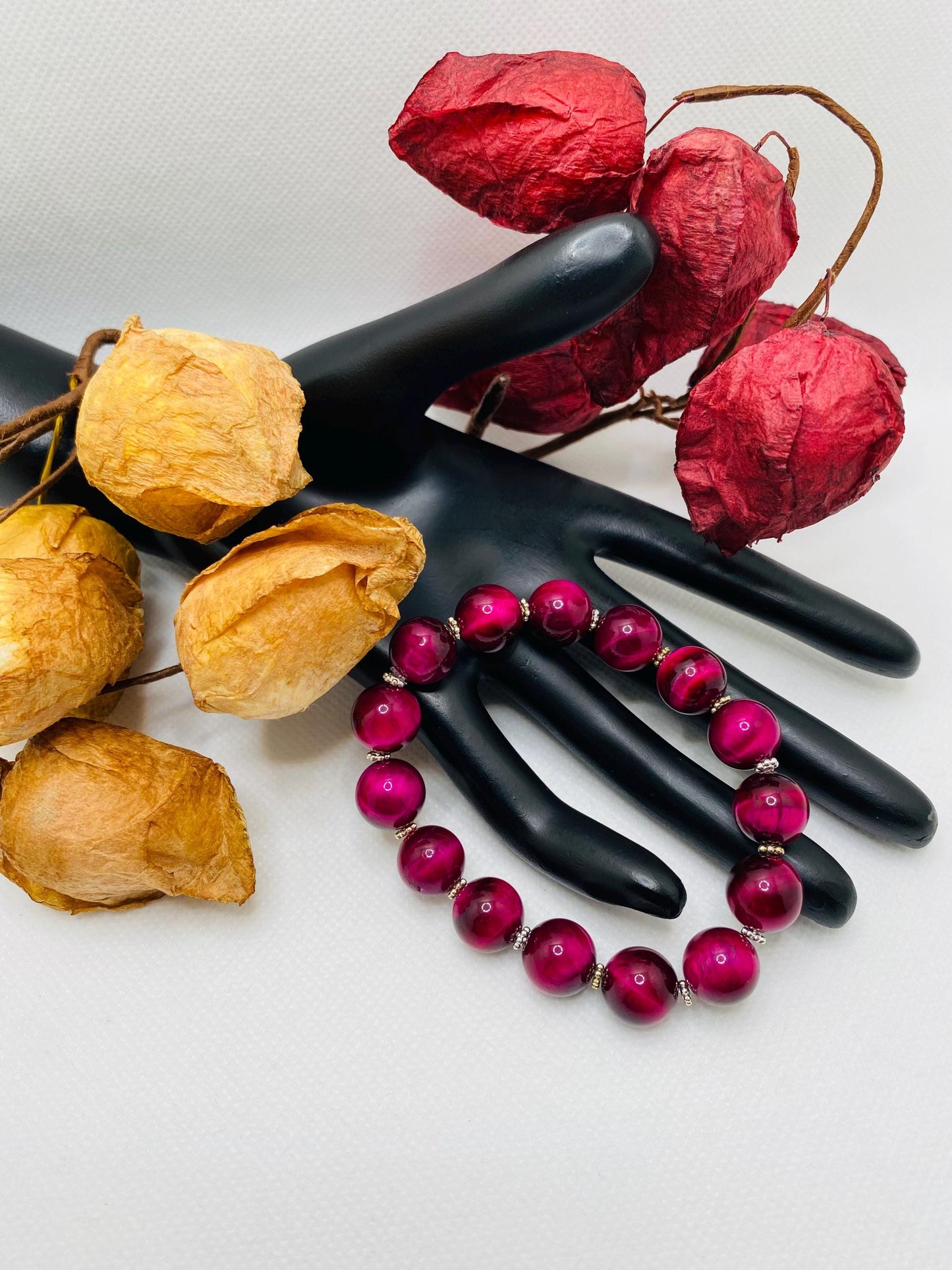 Chunky Rose Red Tigers Eye Bracelet: Handmade Gemstone Jewelry