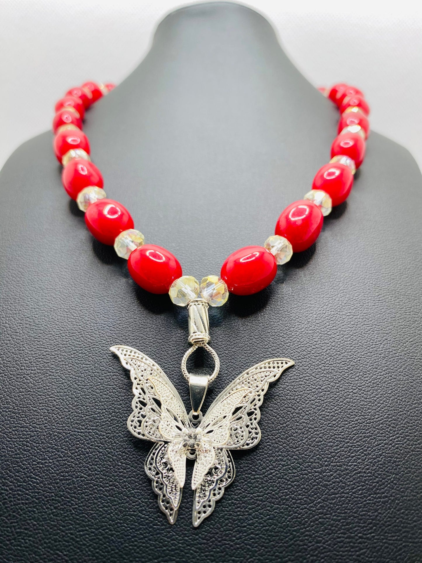 Red Jade Necklace: Silver Butterfly Pendant & Crystal Beads