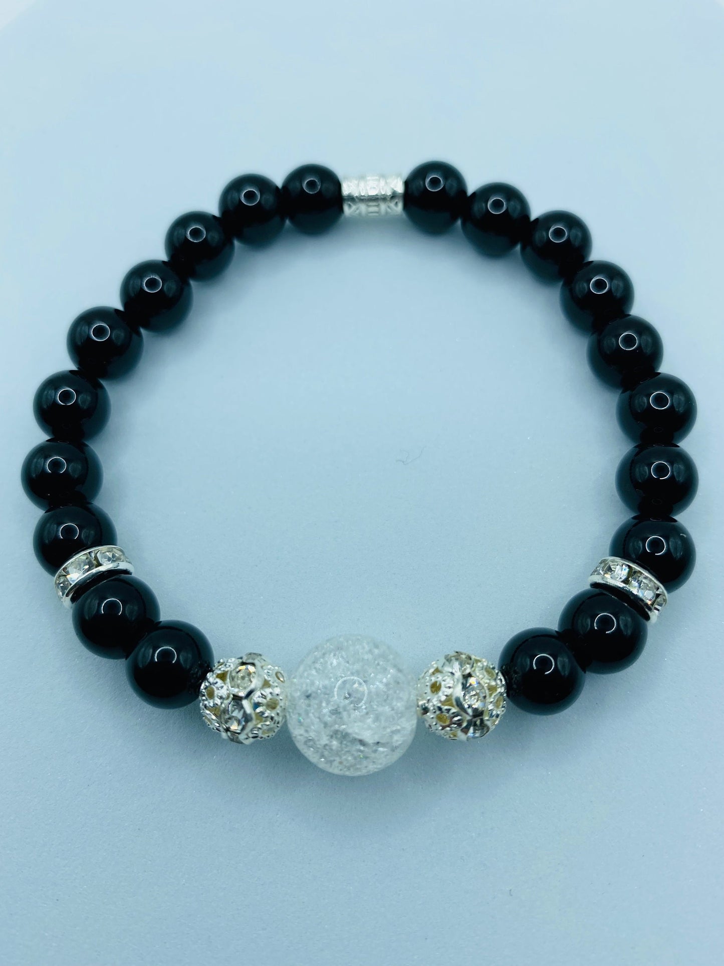 Handmade Black Onyx Bracelet: Crackle Quartz Crystal, Silver Accents