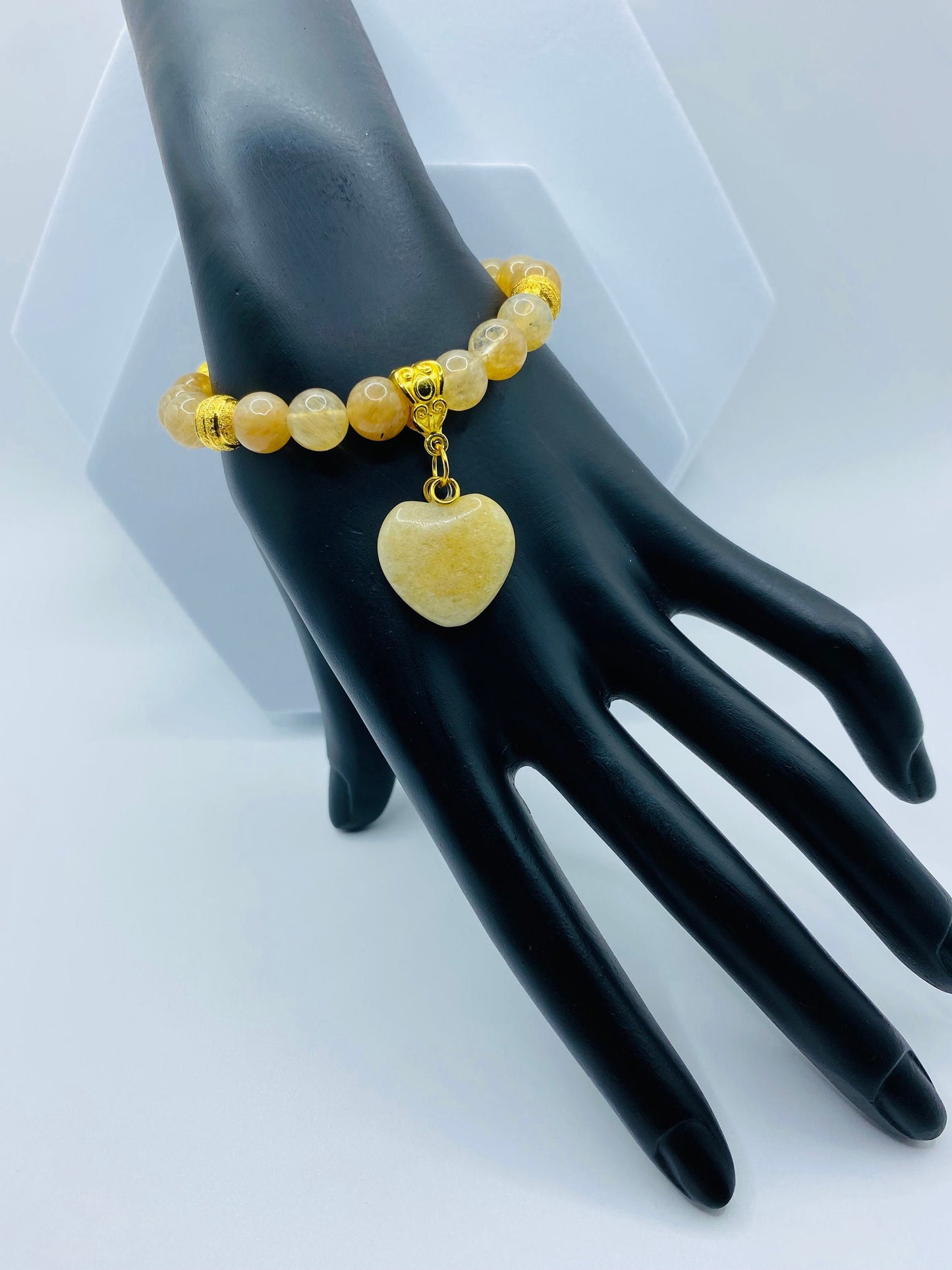 Rutilated Quartz Bracelet: 18K Gold Plated Heart Charm, Gemstone Beads