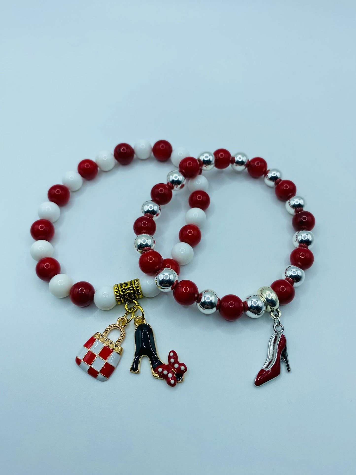 Red Coral Shoe Charm Bracelet: Silver Hematite Gemstone Beads