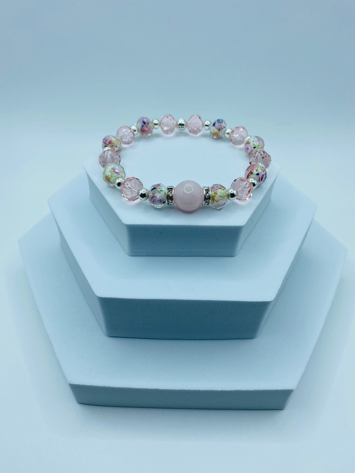 Rose Quartz Bracelet: Lampwork Floral Glass & Pink Crystal Beads
