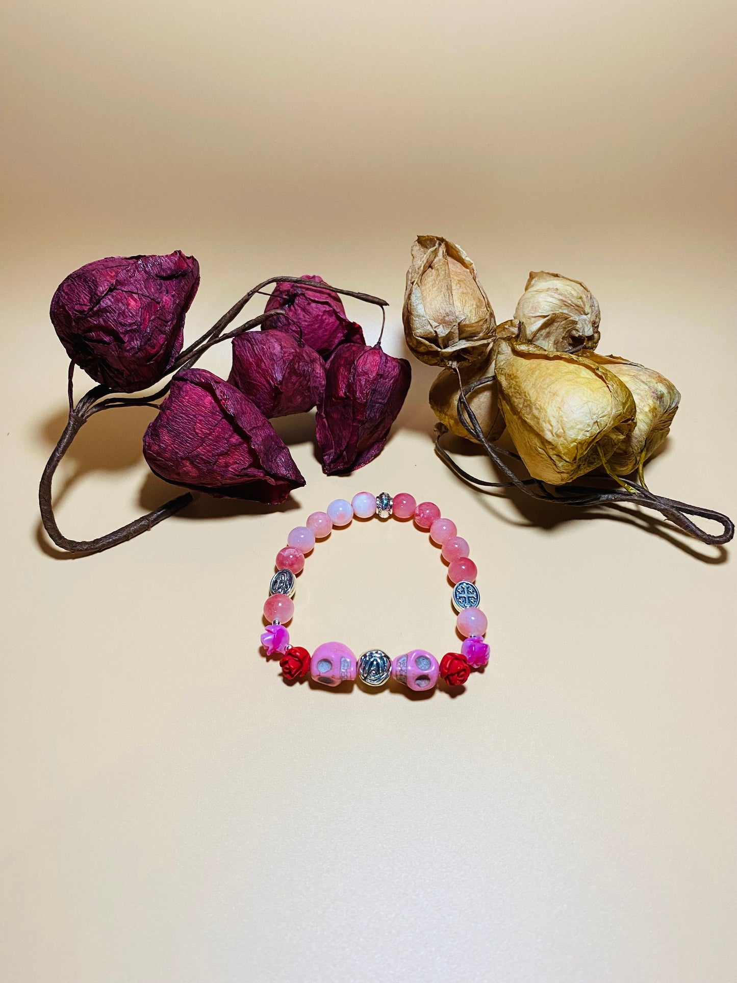 Day of the Dead Religious Jewelry, Jade Bracelet with Skull Beads & Roses, Flower Bracelet