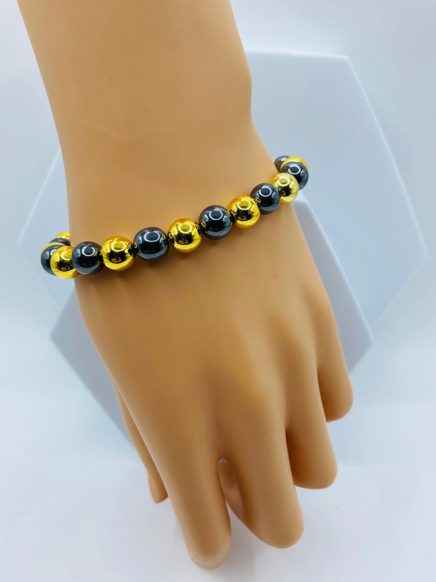 18k Gold & Black Hematite Gemstone Bracelet - Custom Sized