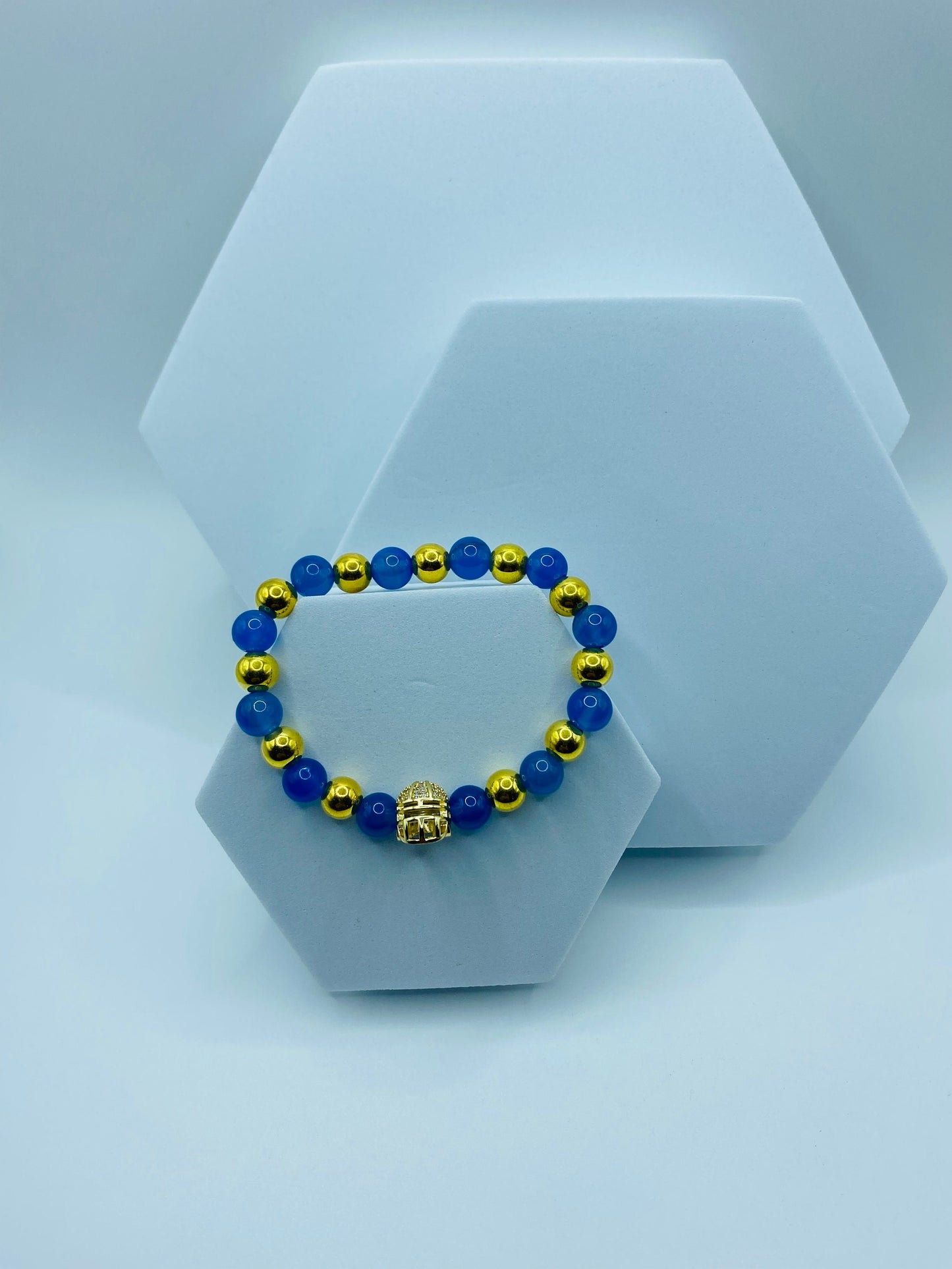 UCLA Football Bracelet: Blue Agate, Gold Helmet Charm