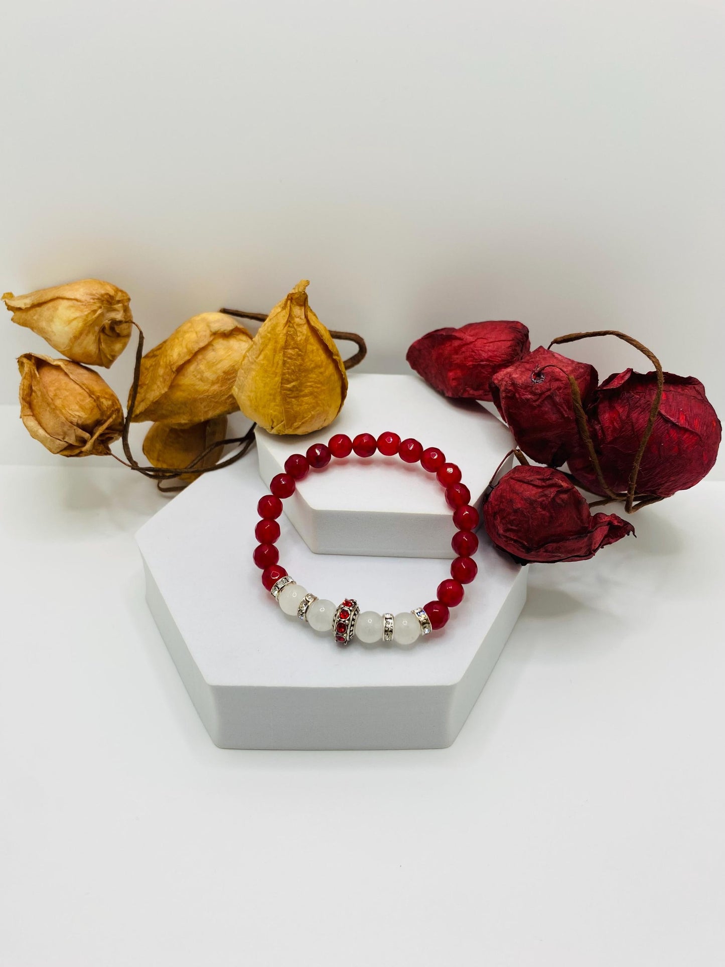 Red Agate & White Jade Charm Bracelet: Silver Rhinestone Accents