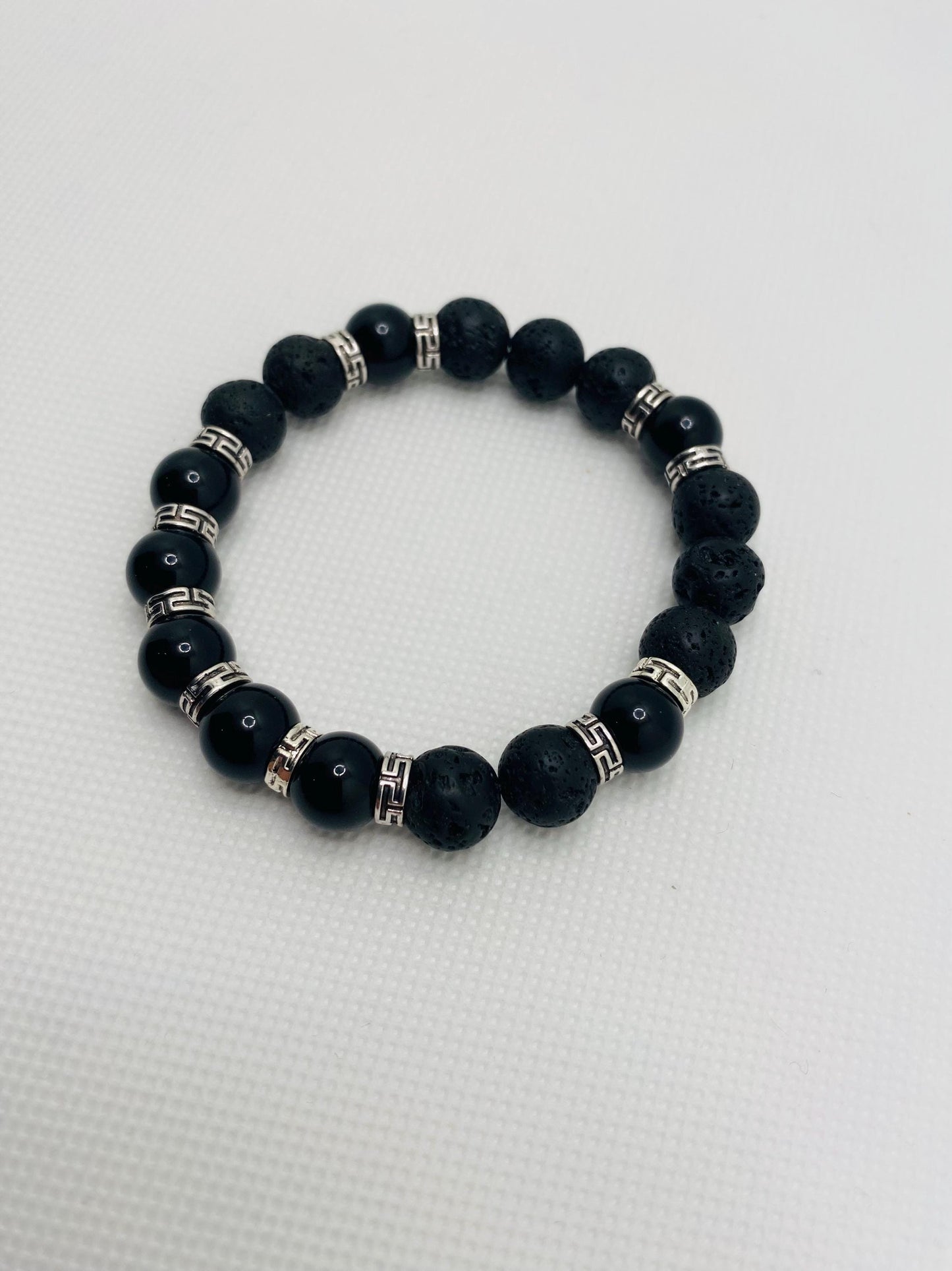 Black Onyx & Lava Rock Bracelet with Tibetan Spacers