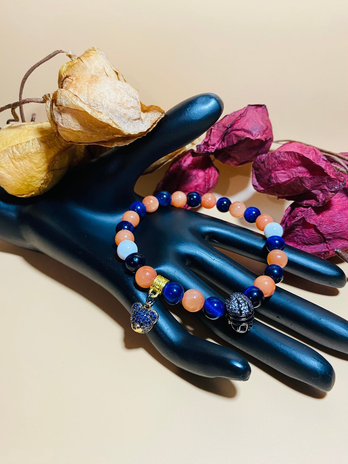 Chicago Bears Bracelet: Gemstone Beads, Bear & Football Helmet Charm