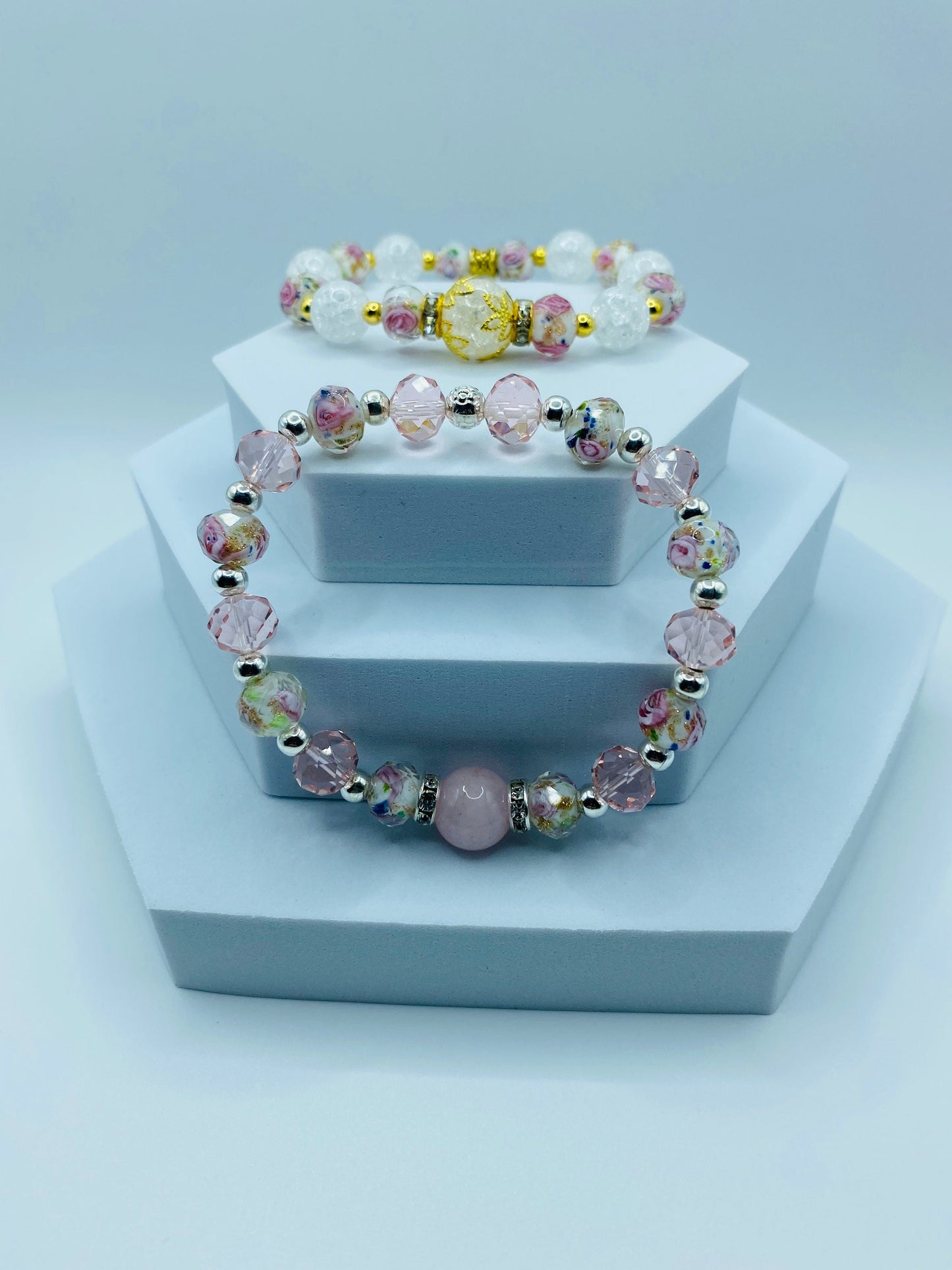 Rose Quartz Bracelet: Lampwork Floral Glass & Pink Crystal Beads