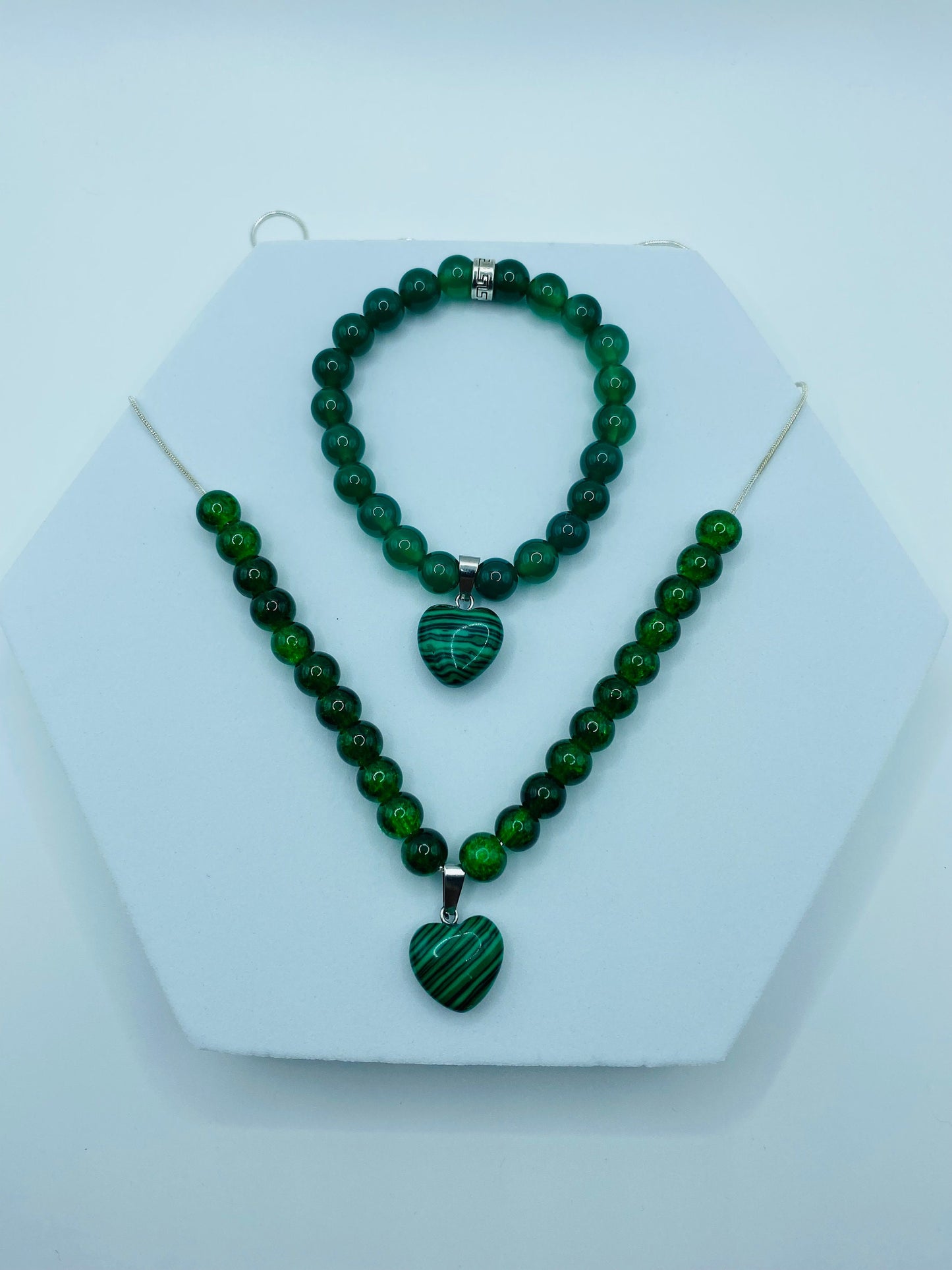 Handmade Lampwork Glass Bead Jewelry Set: Malachite Heart Necklace & Bracelet