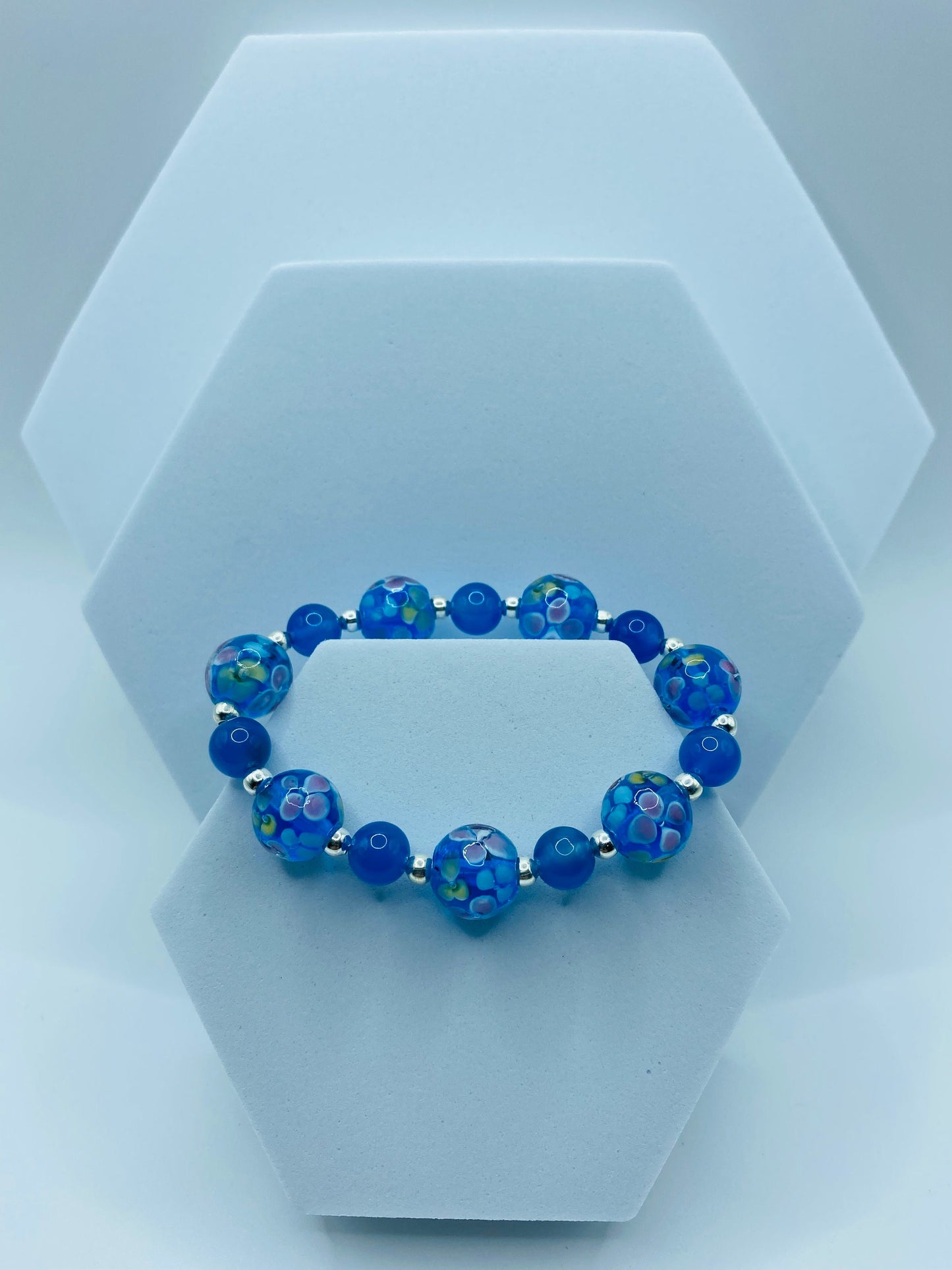Blue Lace Agate Bracelet: Lampwork Floral Glass Beads, Silver Accents