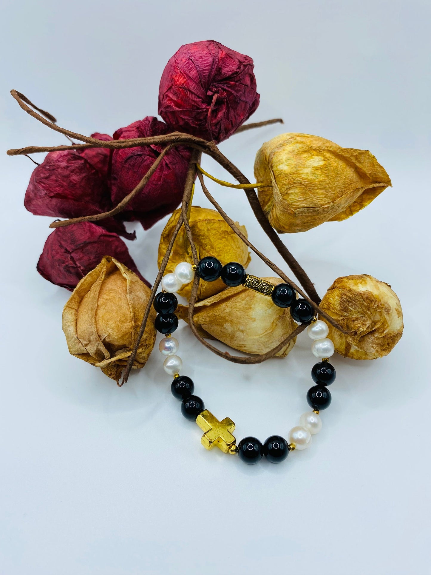 Gold Cross Bracelet: Pearl & Onyx Gemstone Beads, Spiritual Jewelry