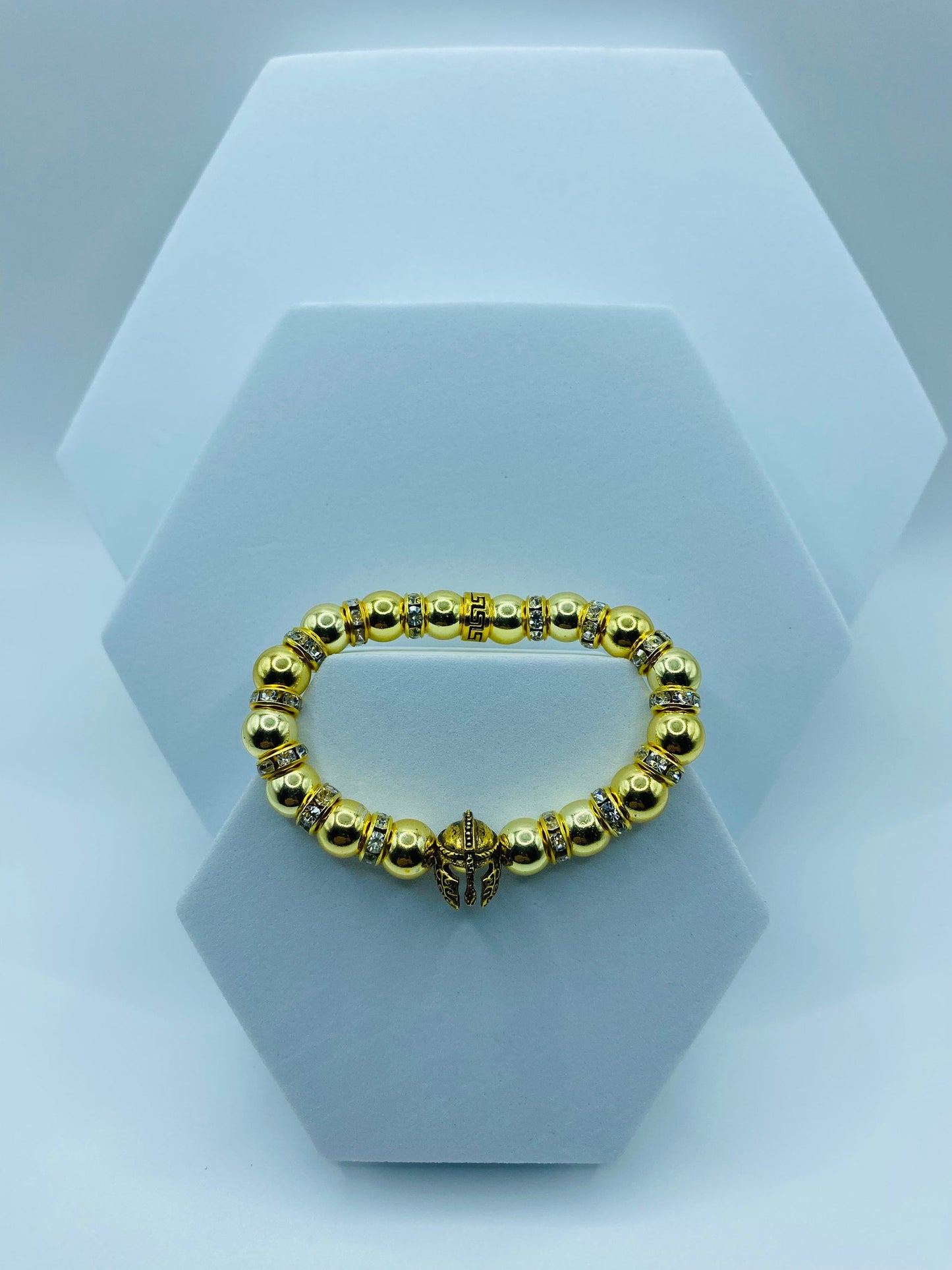 Mens Gold Hematite Bracelet: Spartan Helmet Charm, Rhinestone Rondelle Accents