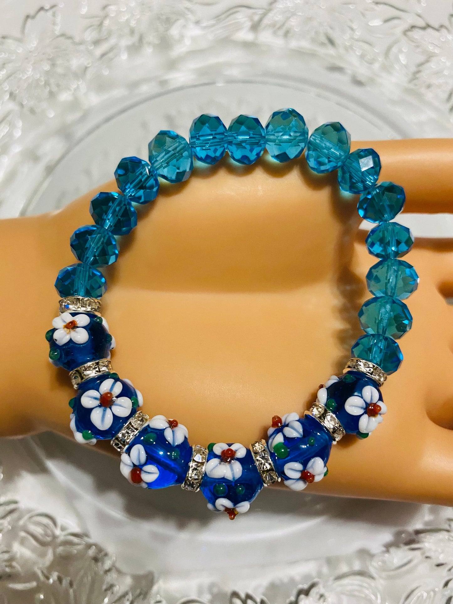 Blue Crystal Bracelet: Floral Lampwork Glass Beads, Rhinestone Rondelles