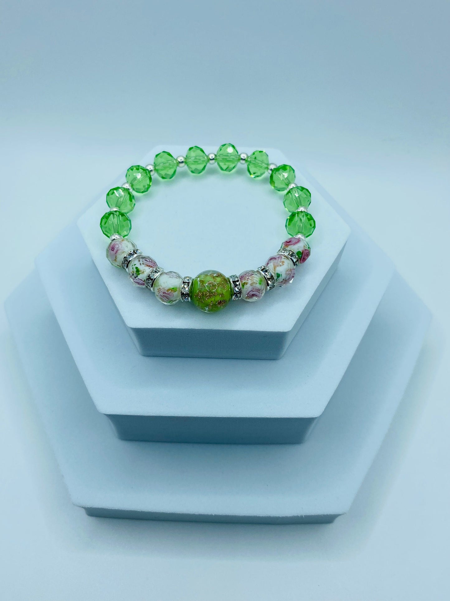 Lampwork Floral Crystal Bracelet: Green Glass Bead Handmade Jewelry