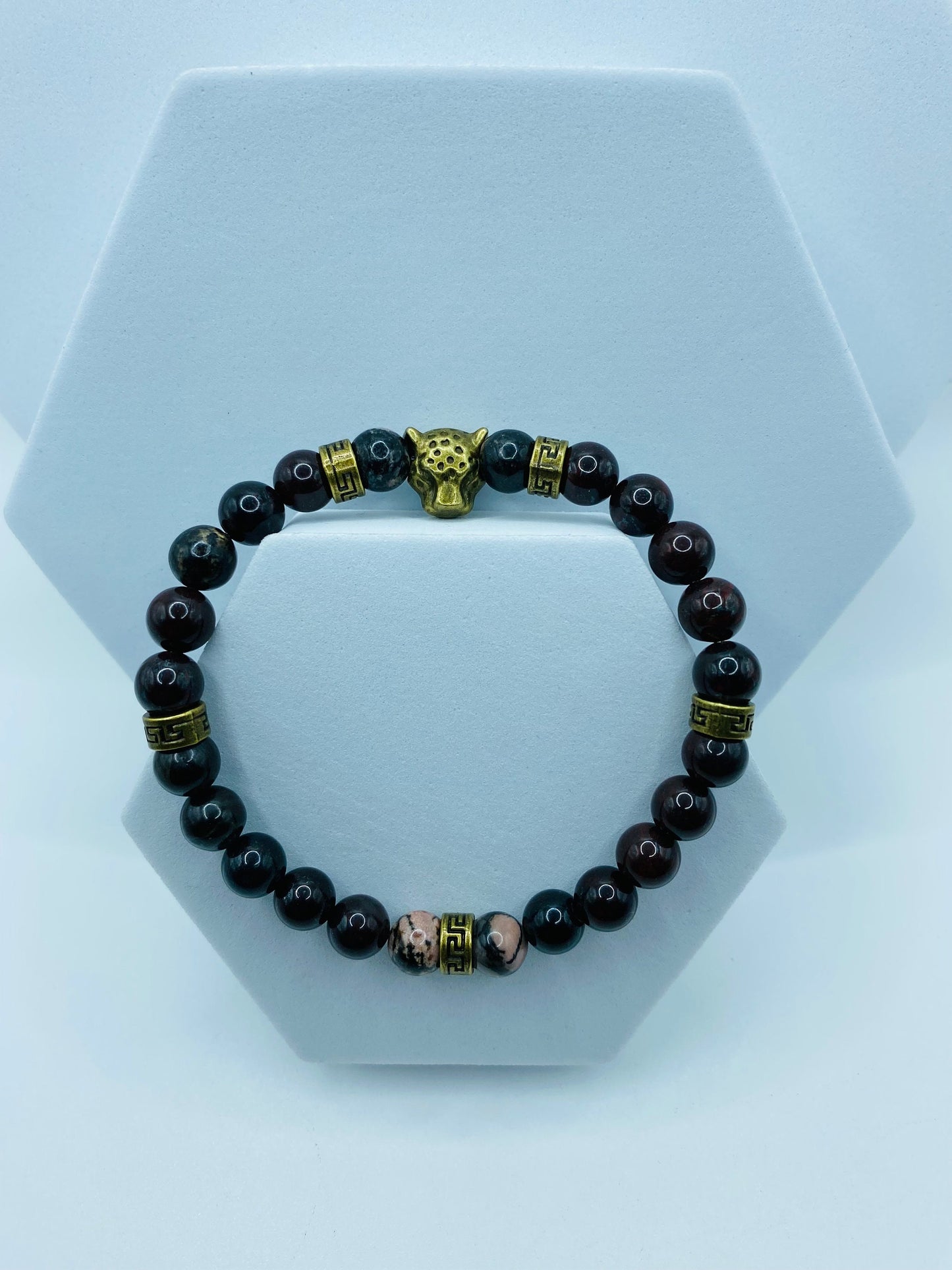 Mens Leopard Charm Bracelet: Bronzite Gemstone Beads, Tibetan Spacers