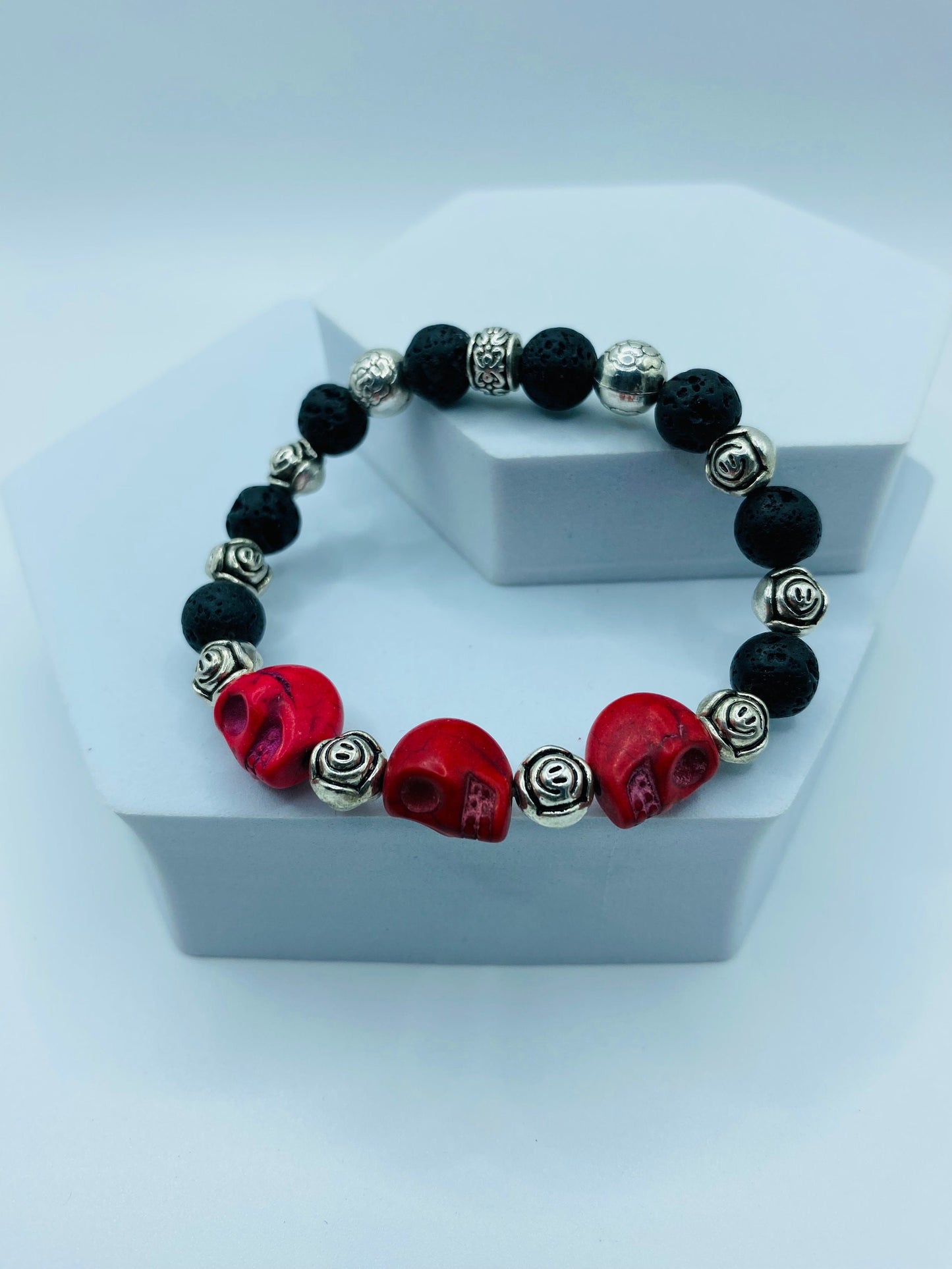 Day of the Dead Lava Rock Bracelet, Red Skull Beads & Metal flowers - Dia de Los Muertos - Gifts for Her