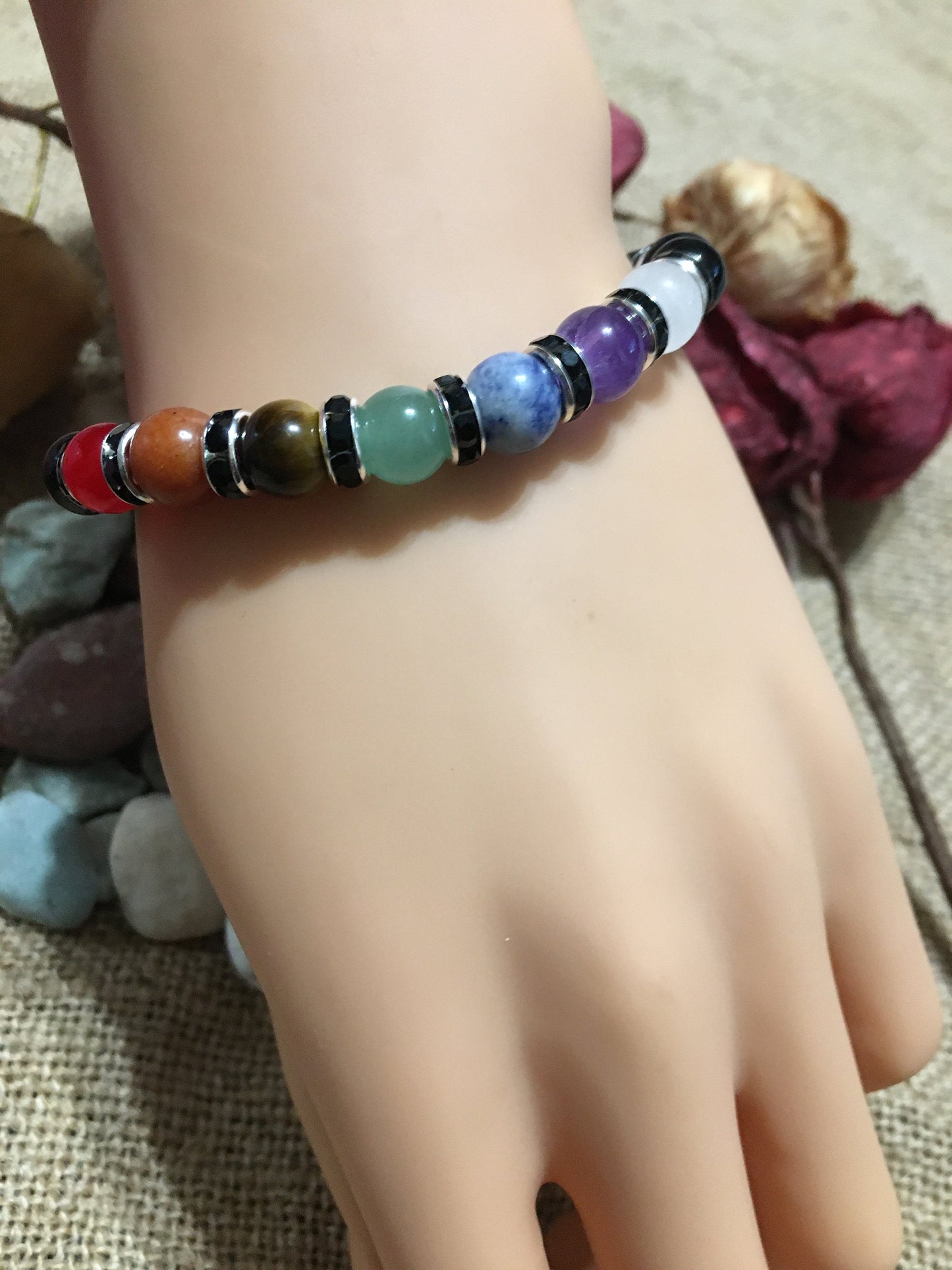 Chakra Bracelet Set: Onyx, Lava Rock, and Gemstone Healing Beads