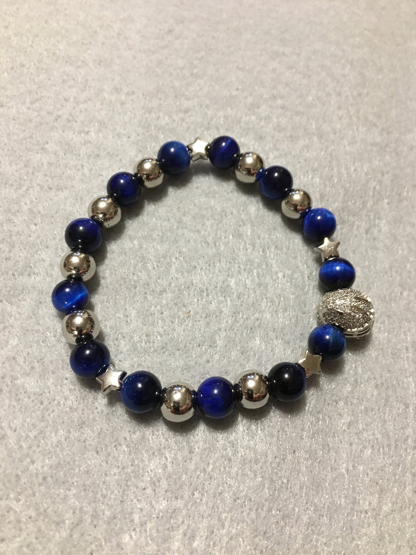 Dallas Cowboys Bracelet: Blue Tigers Eye, Silver Helmet & White Gold Stars