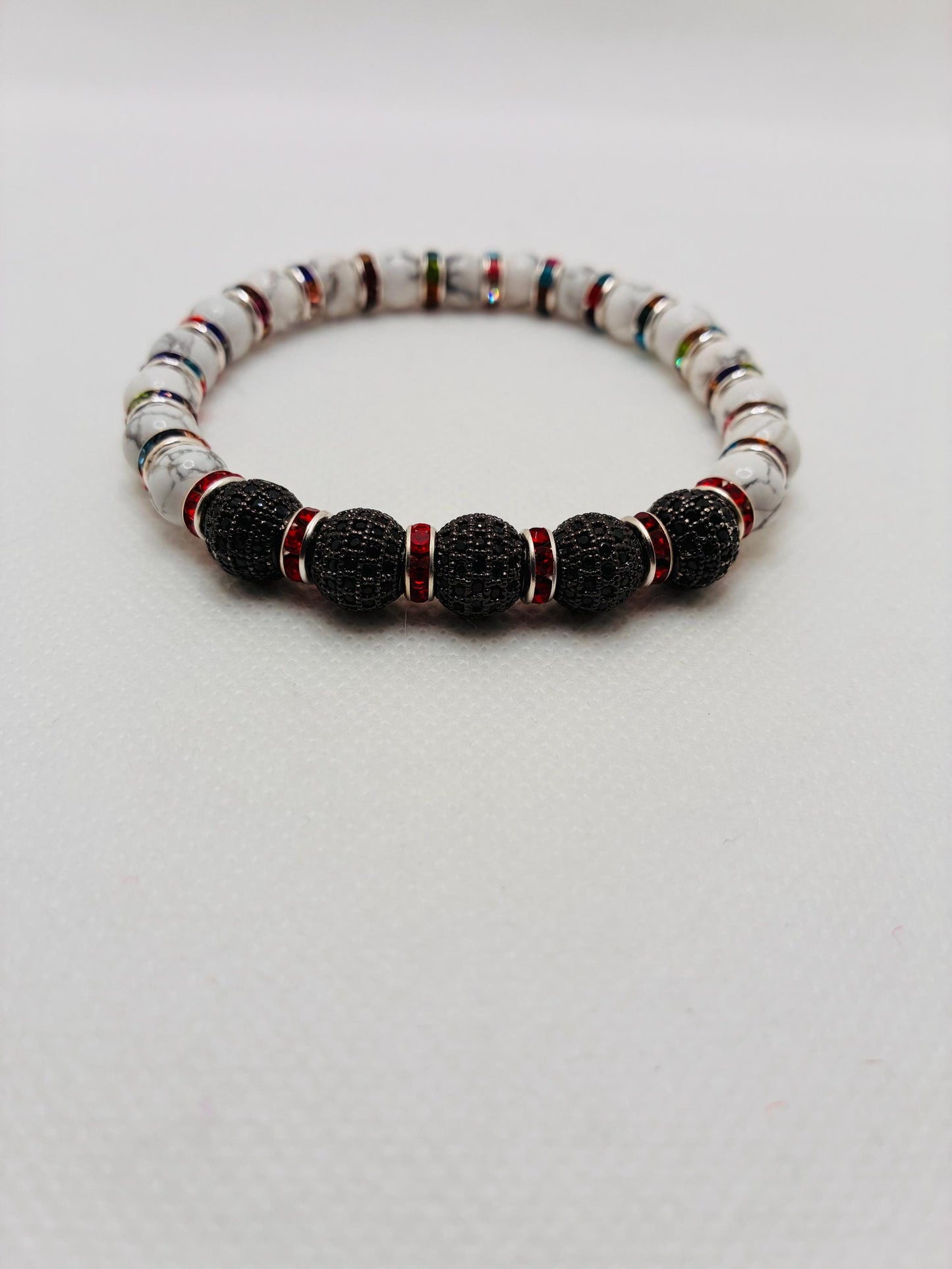 Womens Howlite Bracelet with Zircon Paved Rhinestone Charm Beads, Rainbow Bracelet