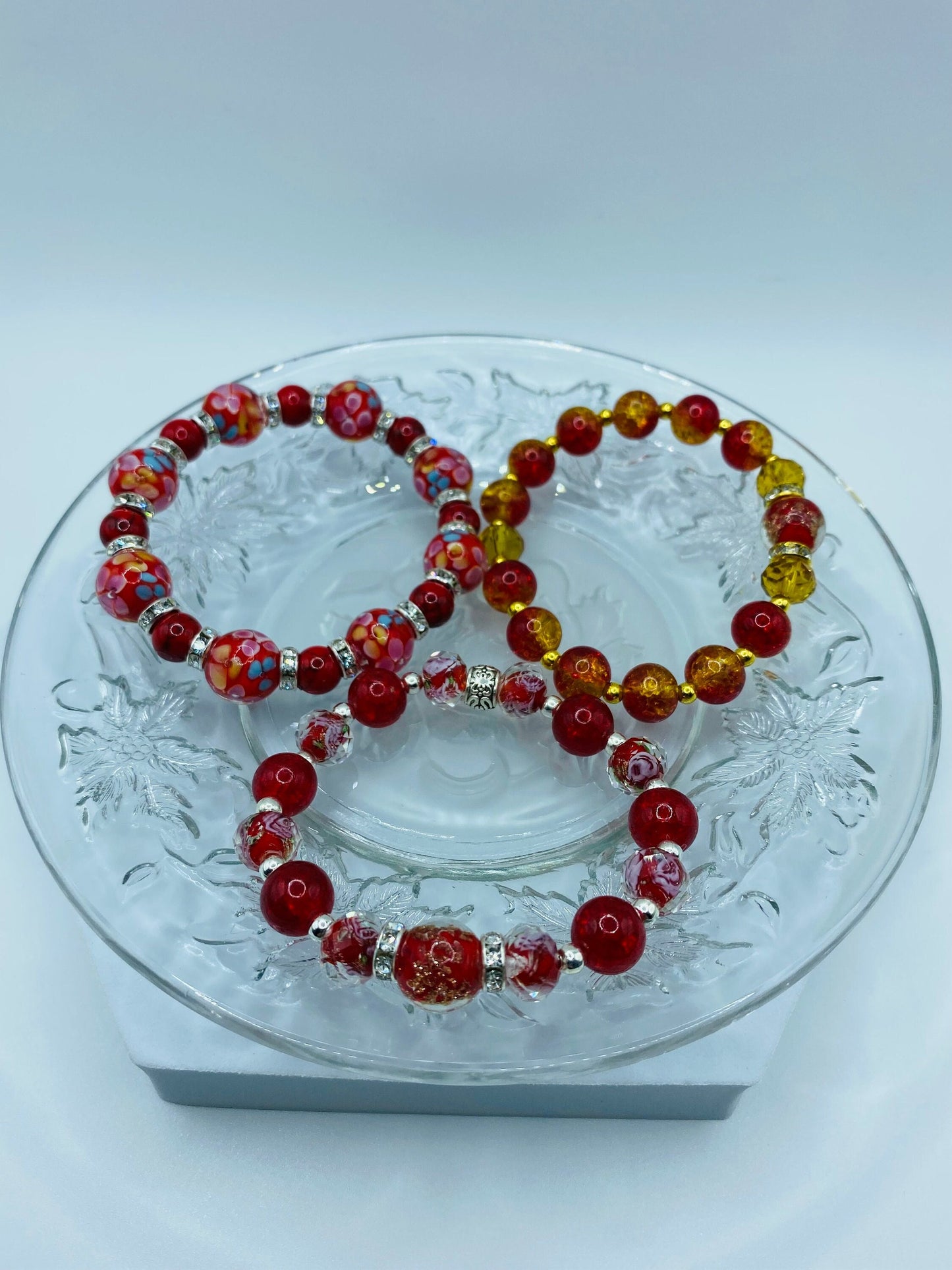 Red Lampwork Glass Bead Bracelet: Hematite & Crystal Rondelles