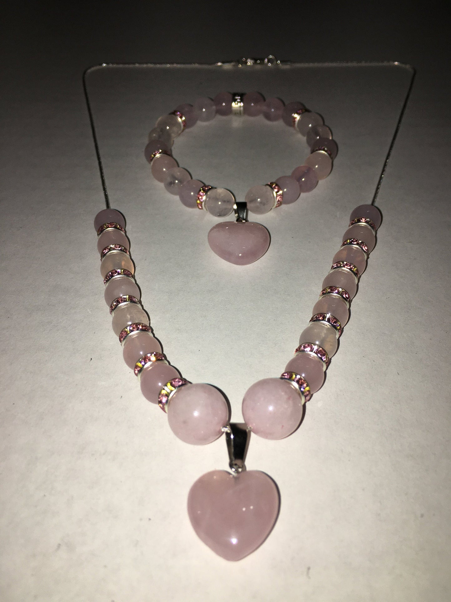 Rose Quartz Heart Necklace & Bracelet Set: Beaded Gemstone Jewelry