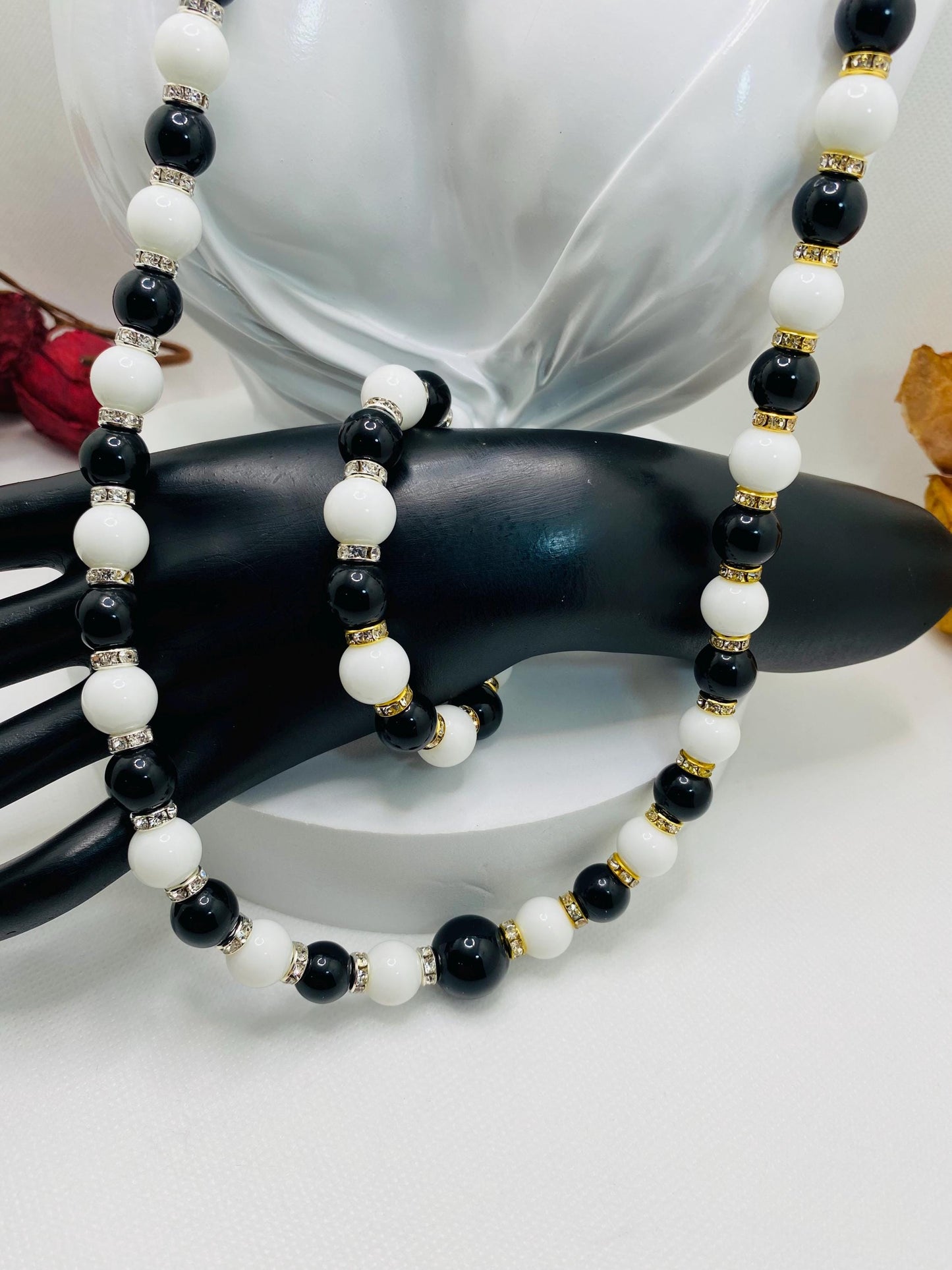 Handmade Onyx Necklace and Bracelet Set: Black and White Gemstone Jewelry