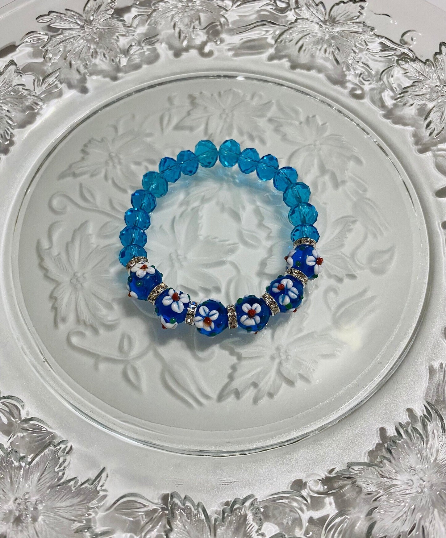Blue Crystal Bracelet: Floral Lampwork Glass Beads, Rhinestone Rondelles