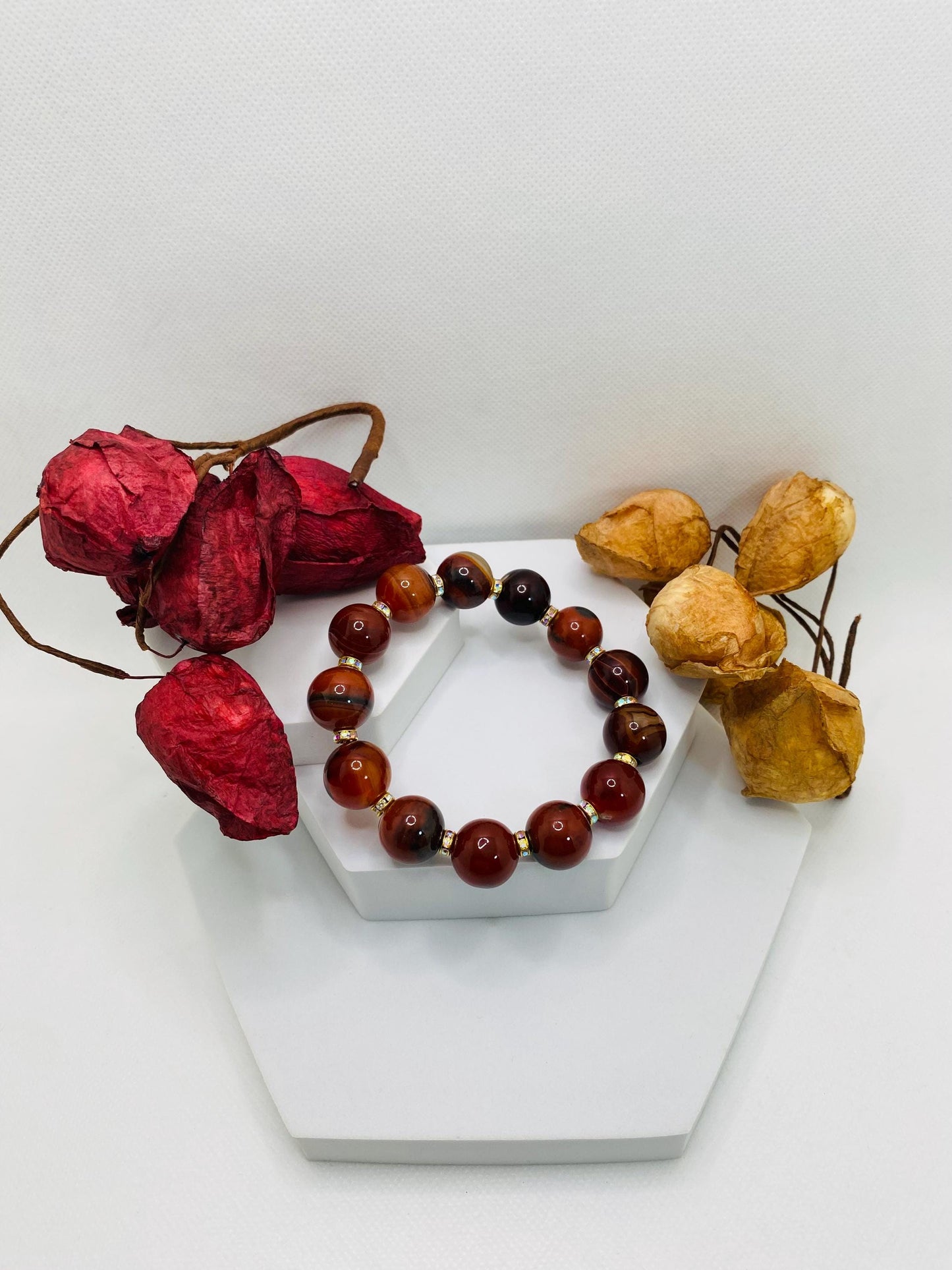 Chunky Dream Agate Bracelet: Rhinestone Rondelle Spacers, Handmade Jewelry