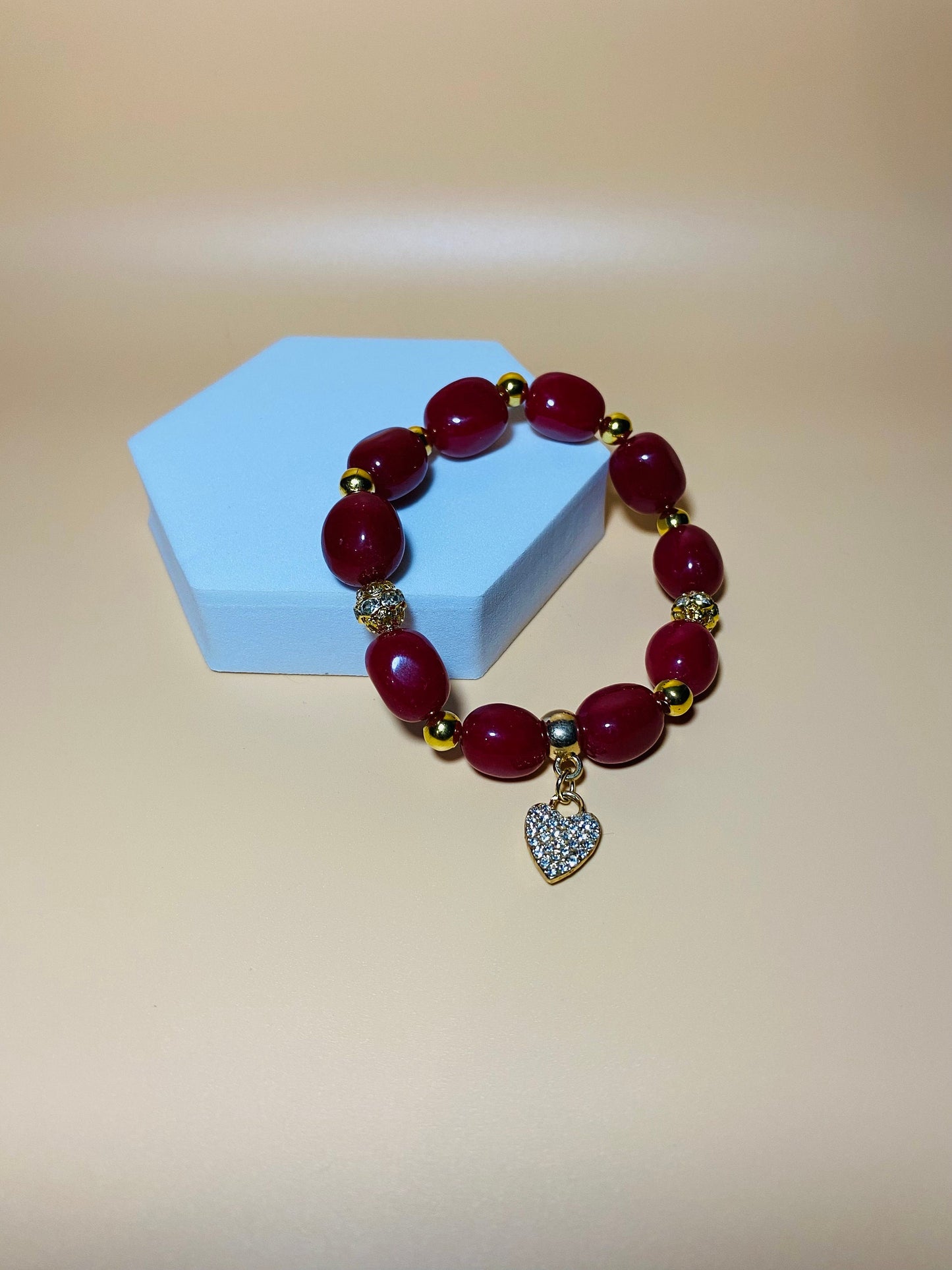 Red Jade Beaded Bracelet: Rhinestone Heart Pendant, Gold Accents