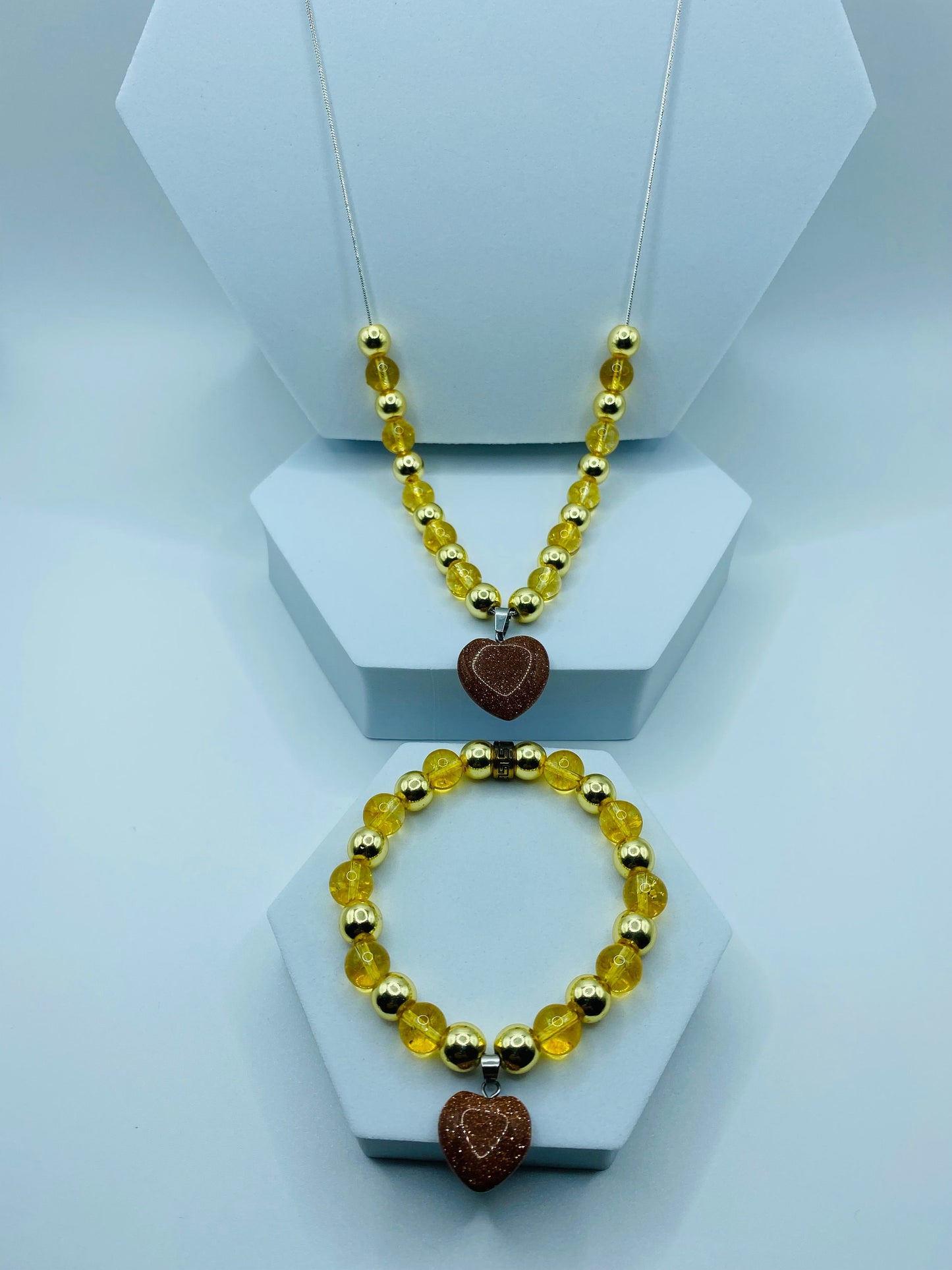 Womens Jewelry Citrine Necklace & Bracelet - Gold Hematite and Goldstone Heart Charms - Gifts for Women