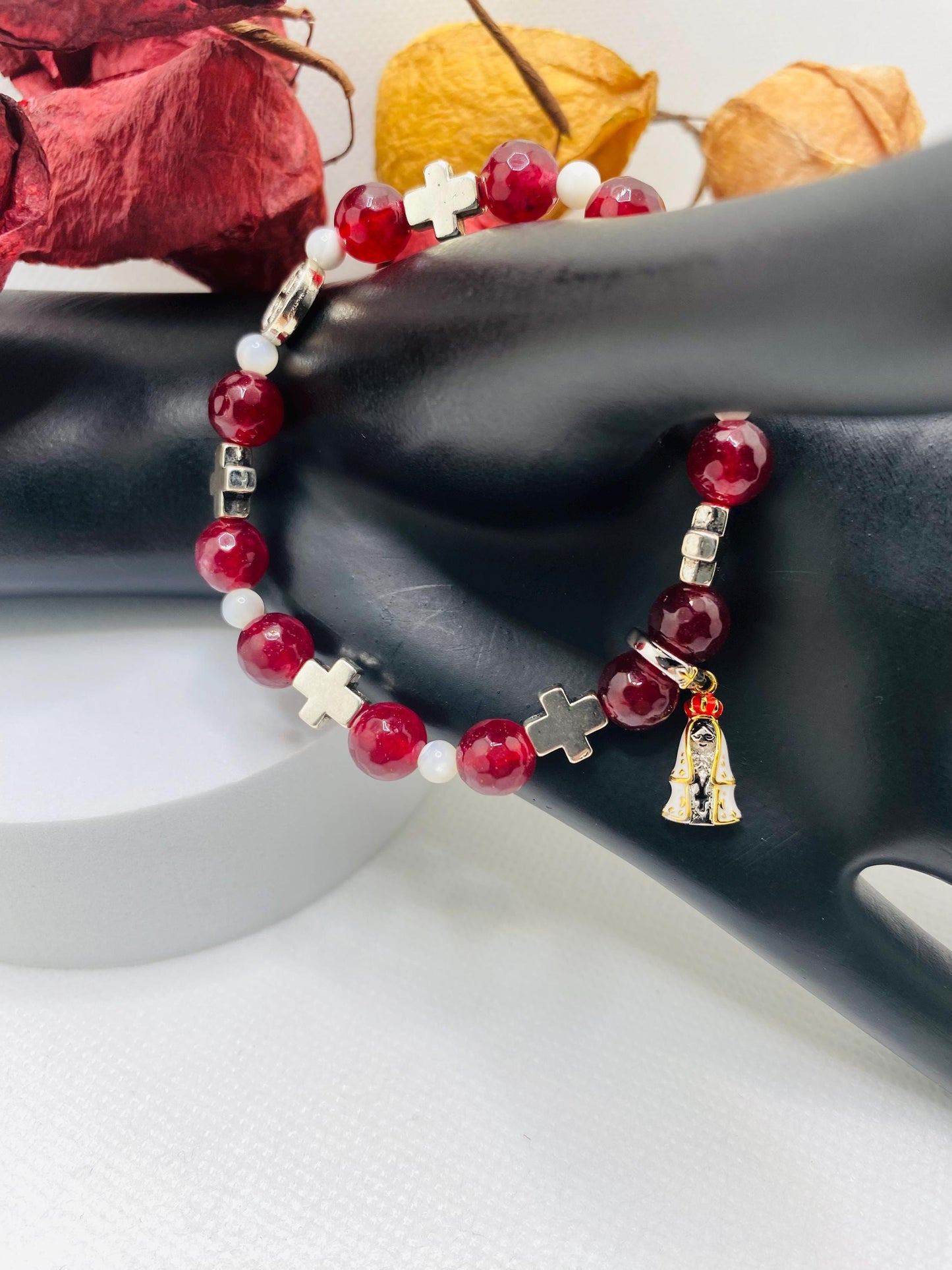 Carnelian Rosary Bracelet: Mary of Nazareth Cross Charm
