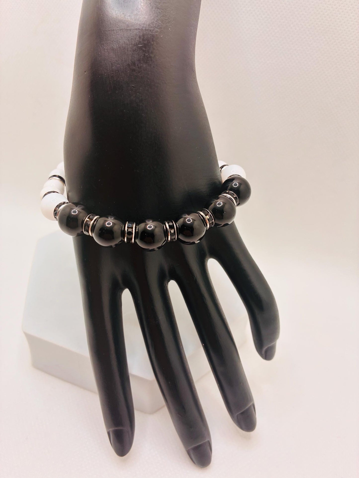 Onyx Gemstone Beaded Bracelet: Black & White Rhinestone Handmade Jewelry