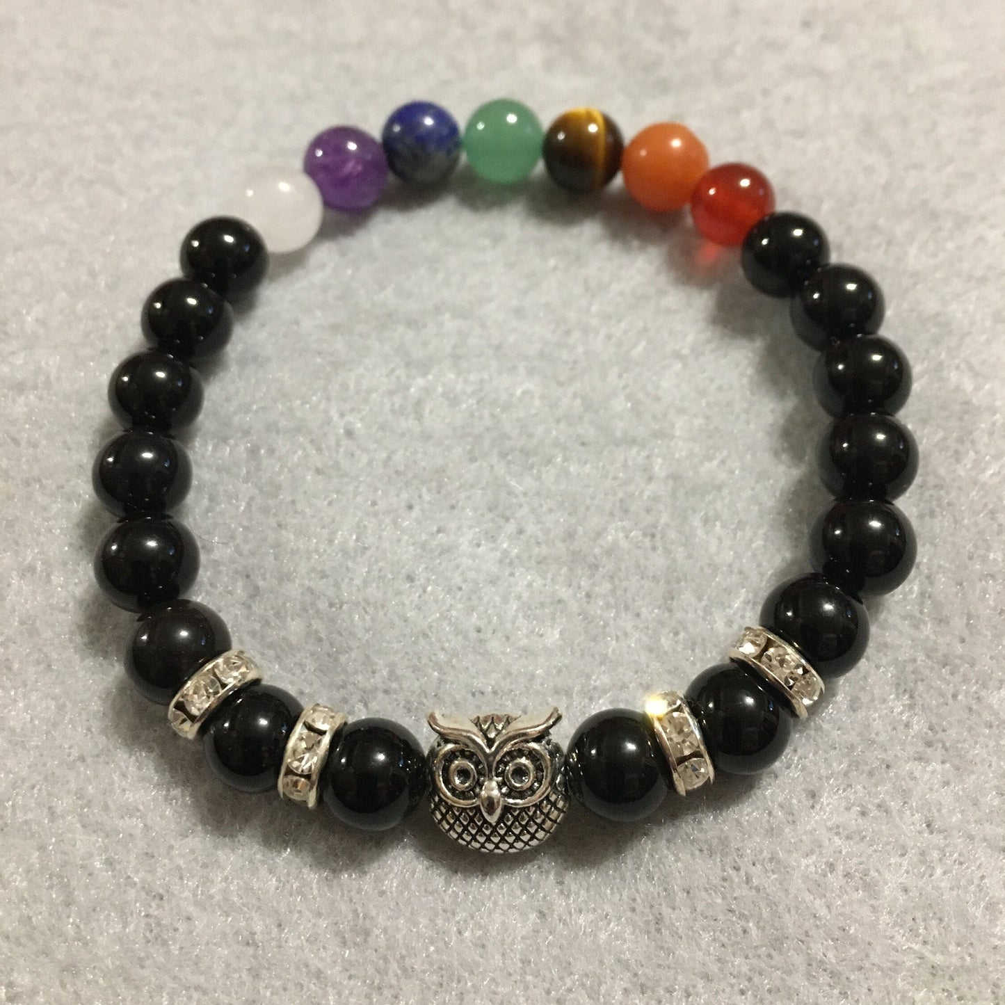 Chakra Stone Bracelet: Black Onyx Beads with Rhinestone Owl Charm